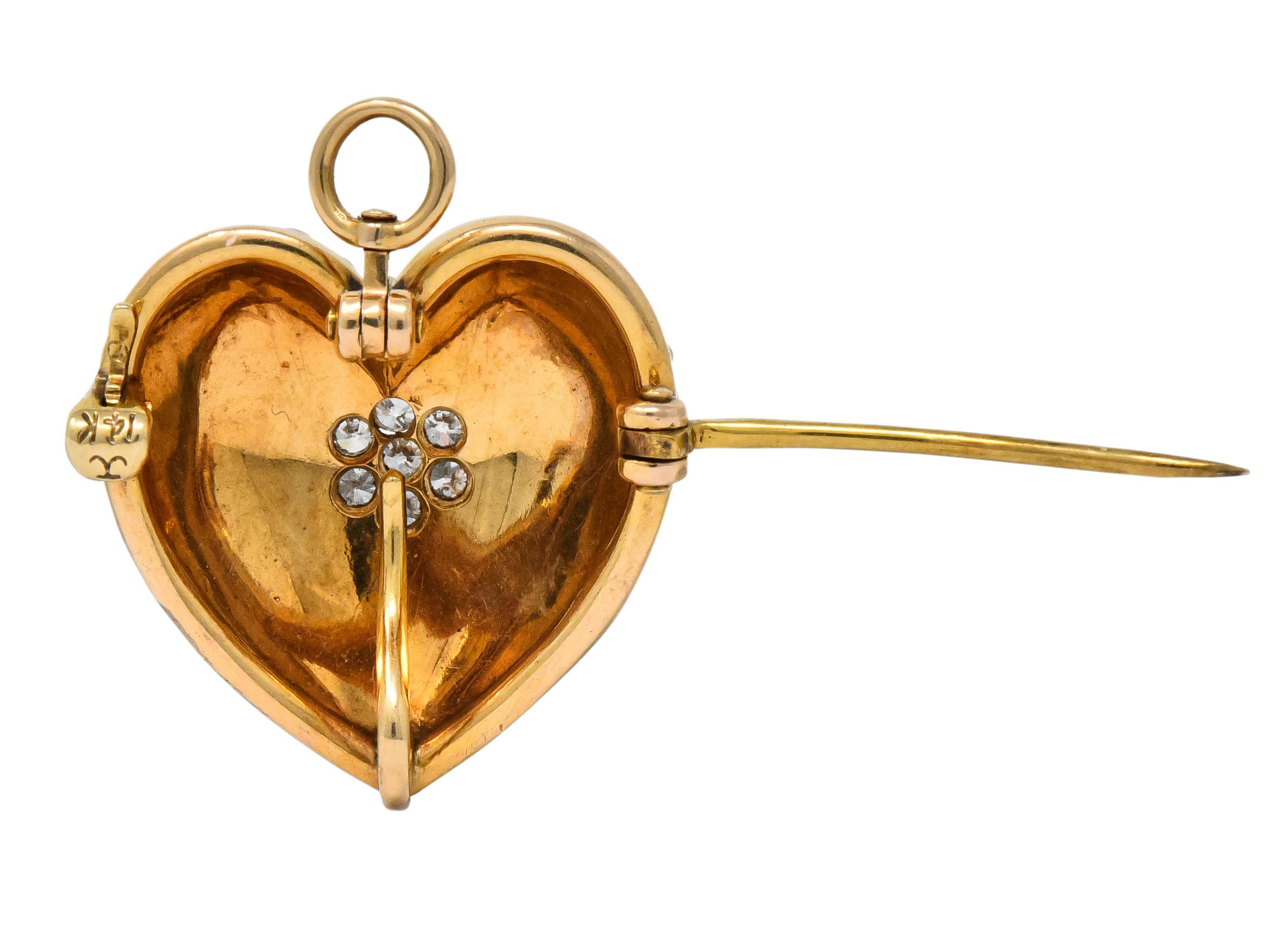 Women's or Men's Krementz Late Victorian Diamond Seed Pearl 14 Karat Gold Heart Pendant Brooch