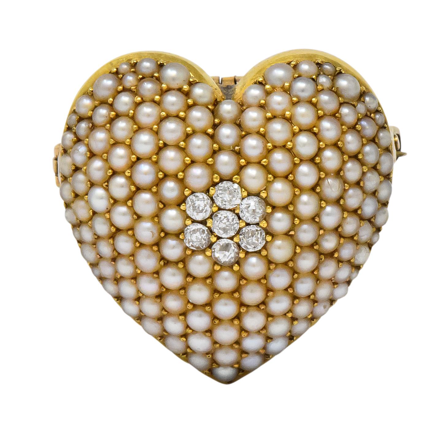 Krementz Late Victorian Diamond Seed Pearl 14 Karat Gold Heart Pendant Brooch 1