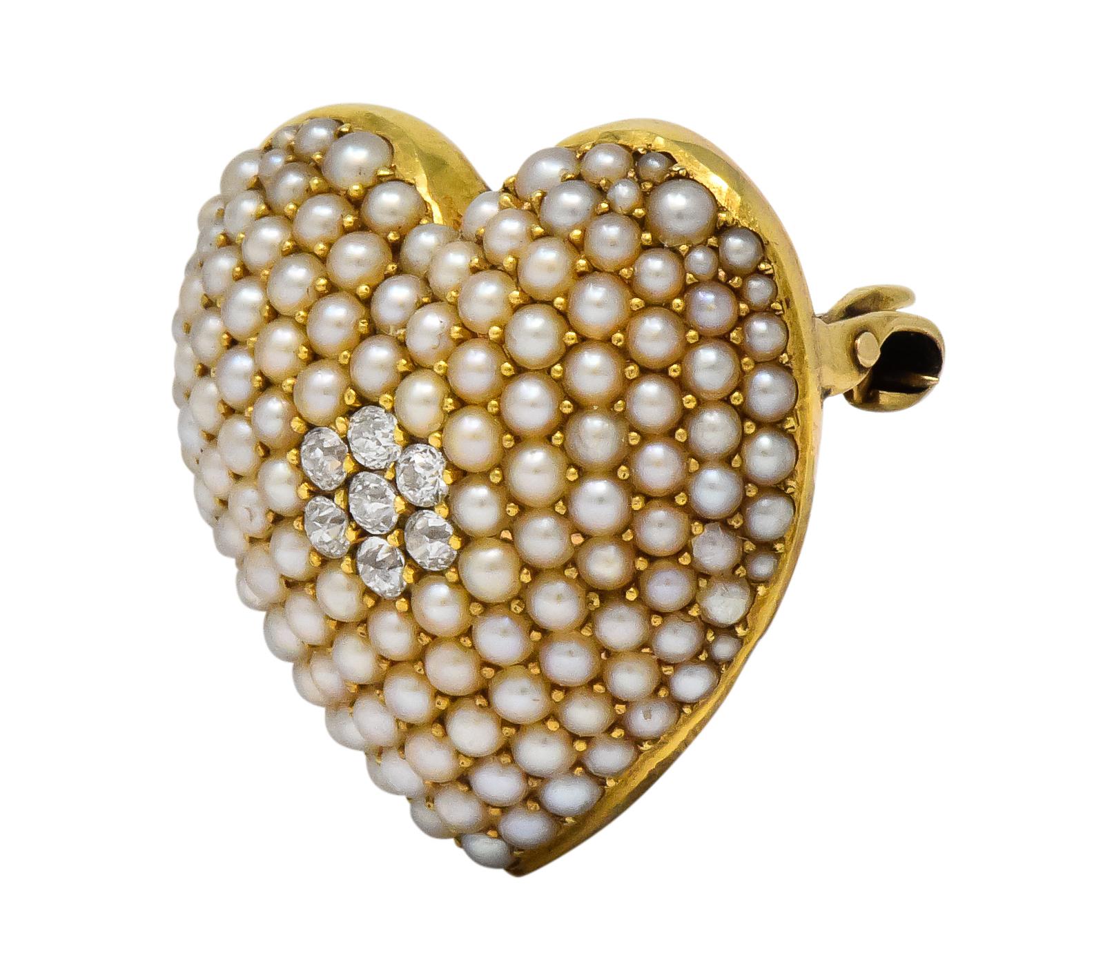 Krementz Late Victorian Diamond Seed Pearl 14 Karat Gold Heart Pendant Brooch 2