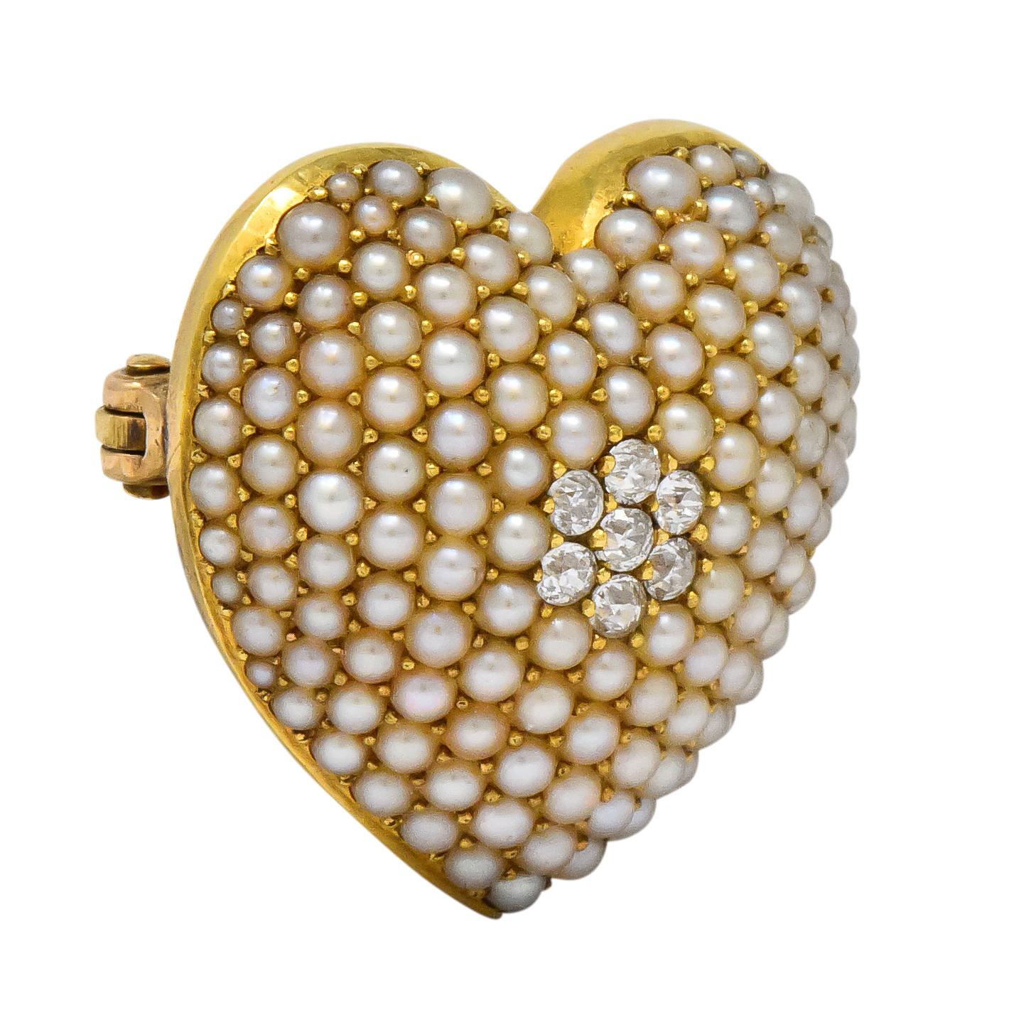 Krementz Late Victorian Diamond Seed Pearl 14 Karat Gold Heart Pendant Brooch 3