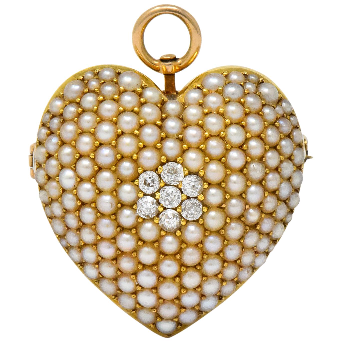 Krementz Late Victorian Diamond Seed Pearl 14 Karat Gold Heart Pendant Brooch