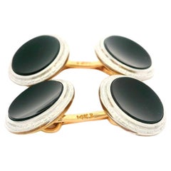 Antique Krementz Men's 14k Yellow Gold & Platinum Concave Black Onyx Round Cufflinks