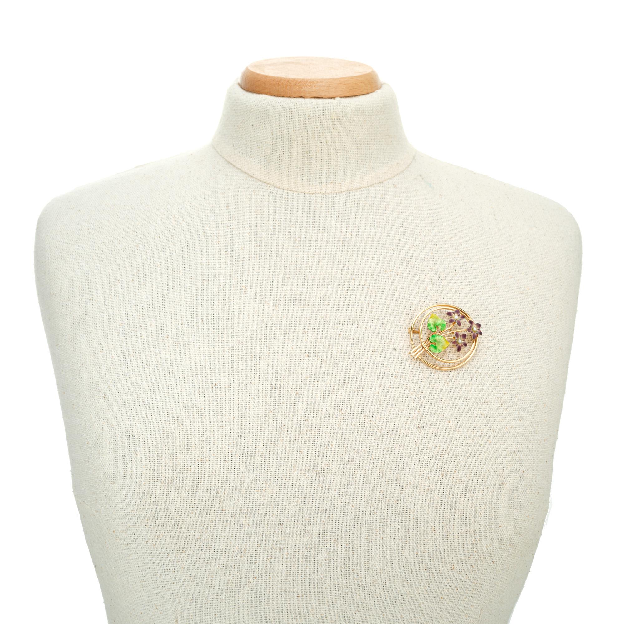 Blumenanstecker aus Roségold mit Perlen und Emaille von Krementz im Angebot 4