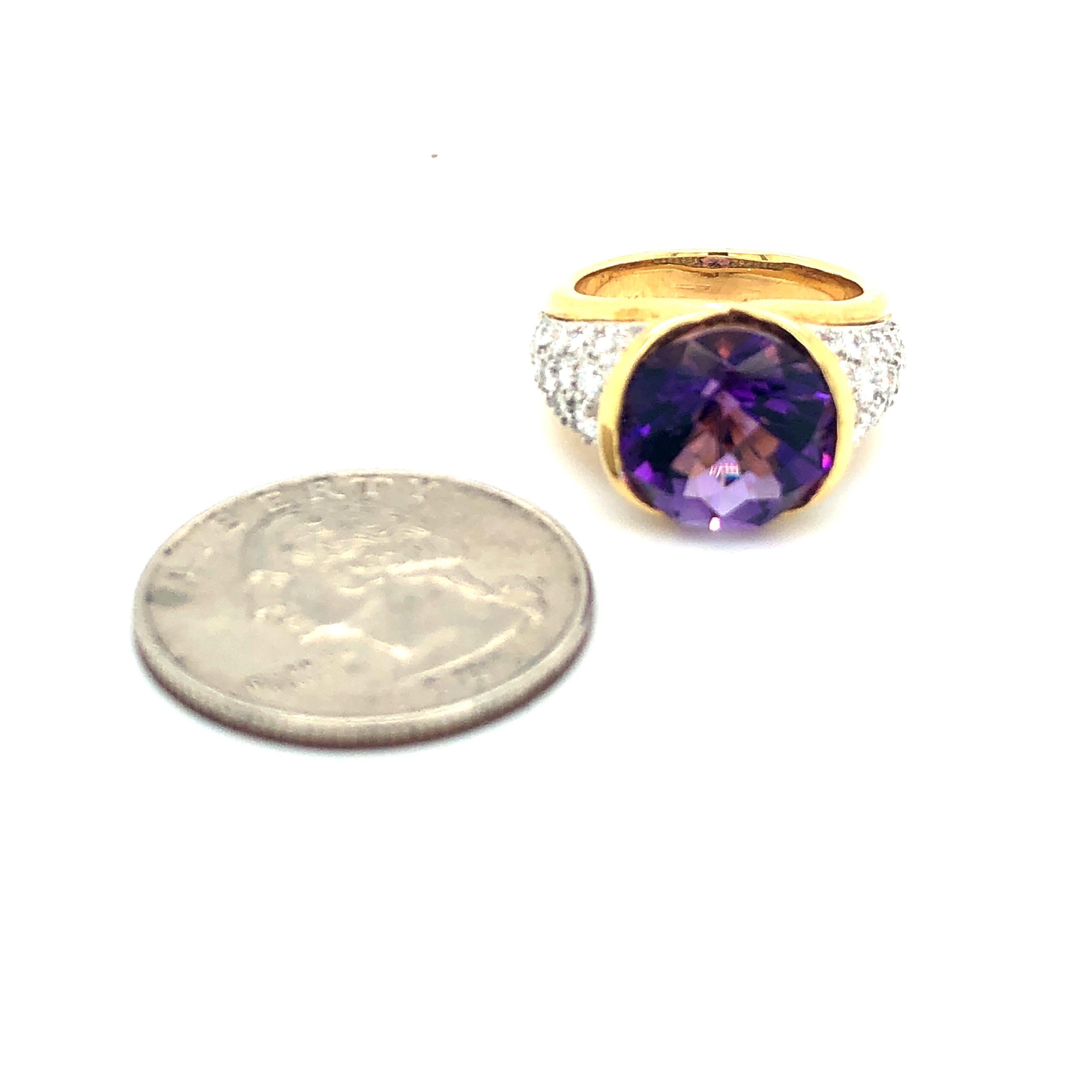Beautiful Platinum and Yellow Gold and Diamond Faceted Oval Amethyst size 6 Ring.  Stamped Plat and 750.   