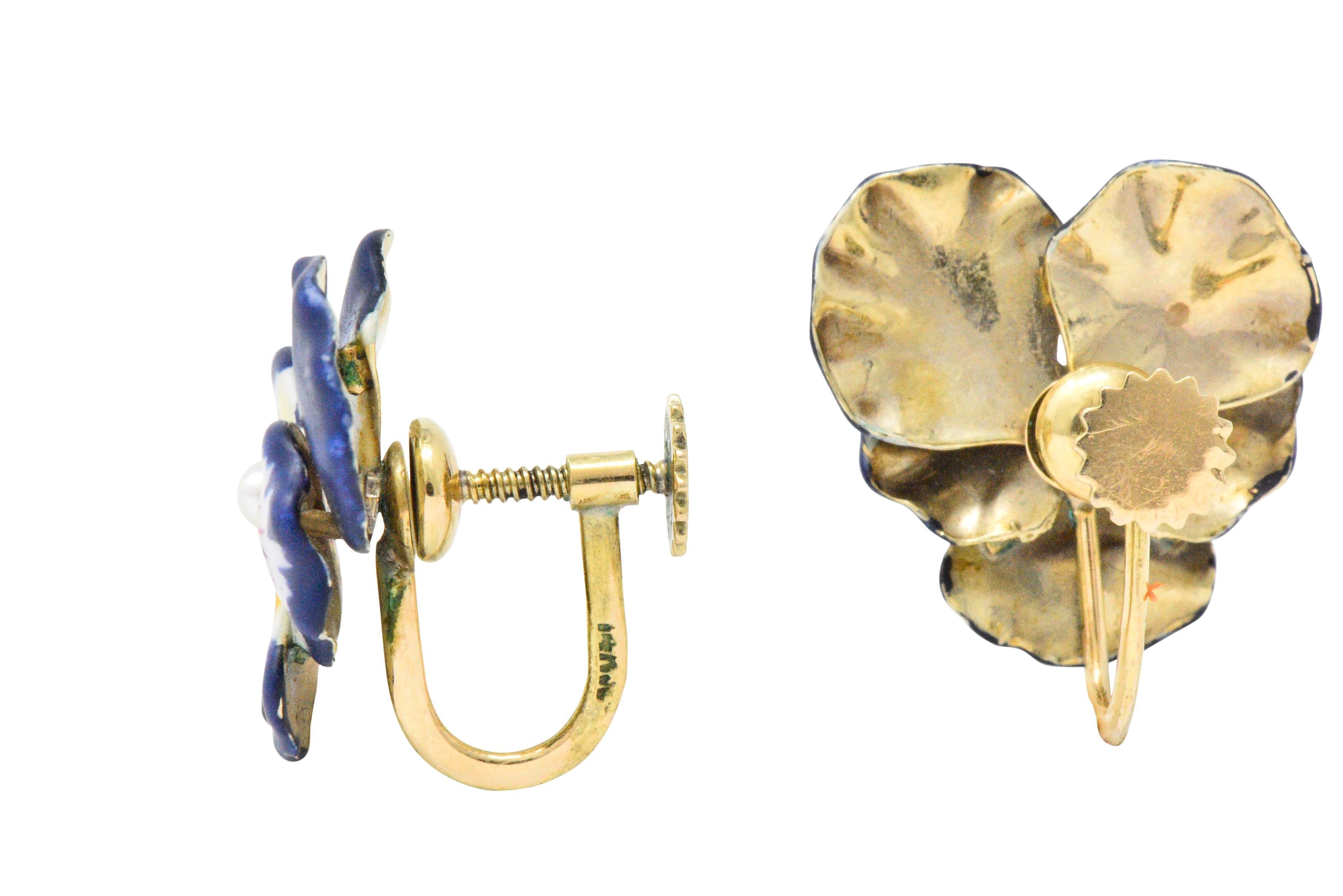 Women's or Men's Krementz Retro Enamel Seed Pearl and 14 Karat Gold Pansy Earrings