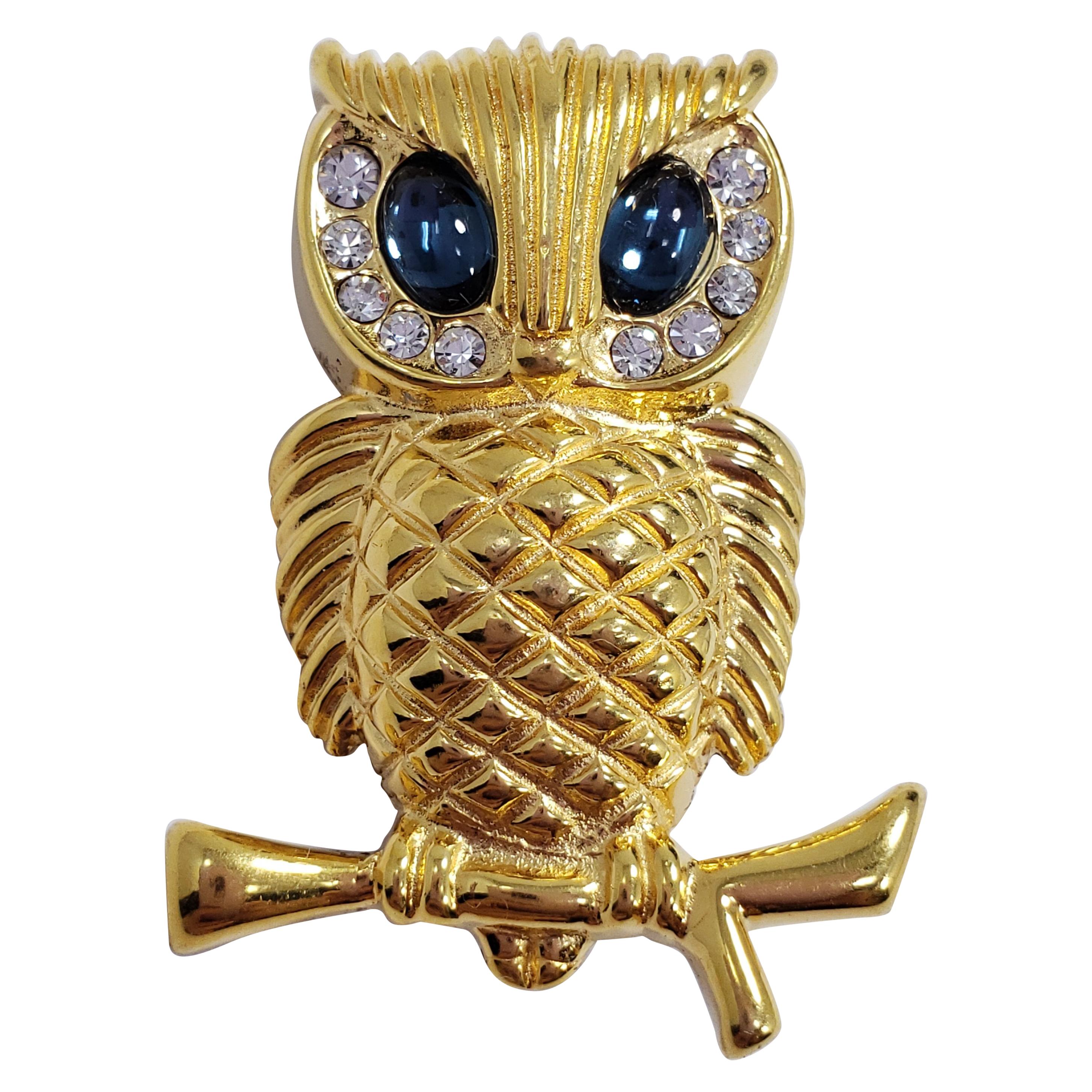 Krementz Rhinestone Sapphire and Clear Crystal Owl in Gold, Vintage 1900s