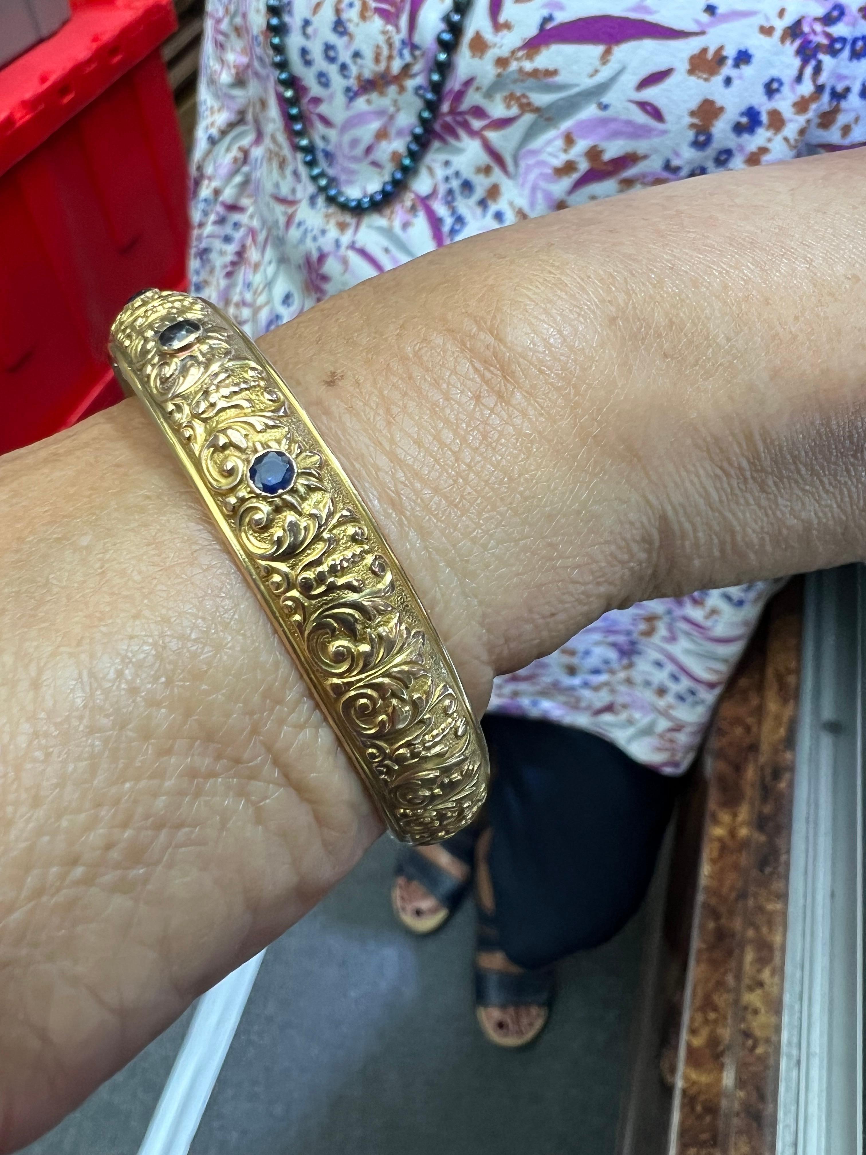 Art Nouveau Krementz Sapphire Yellow Gold Antique Slip-On Bangle Bracelet