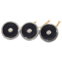 Vintage Krementz Tuxedo Buttons Sterling Silver Black Enamel Yellow Gold Filled