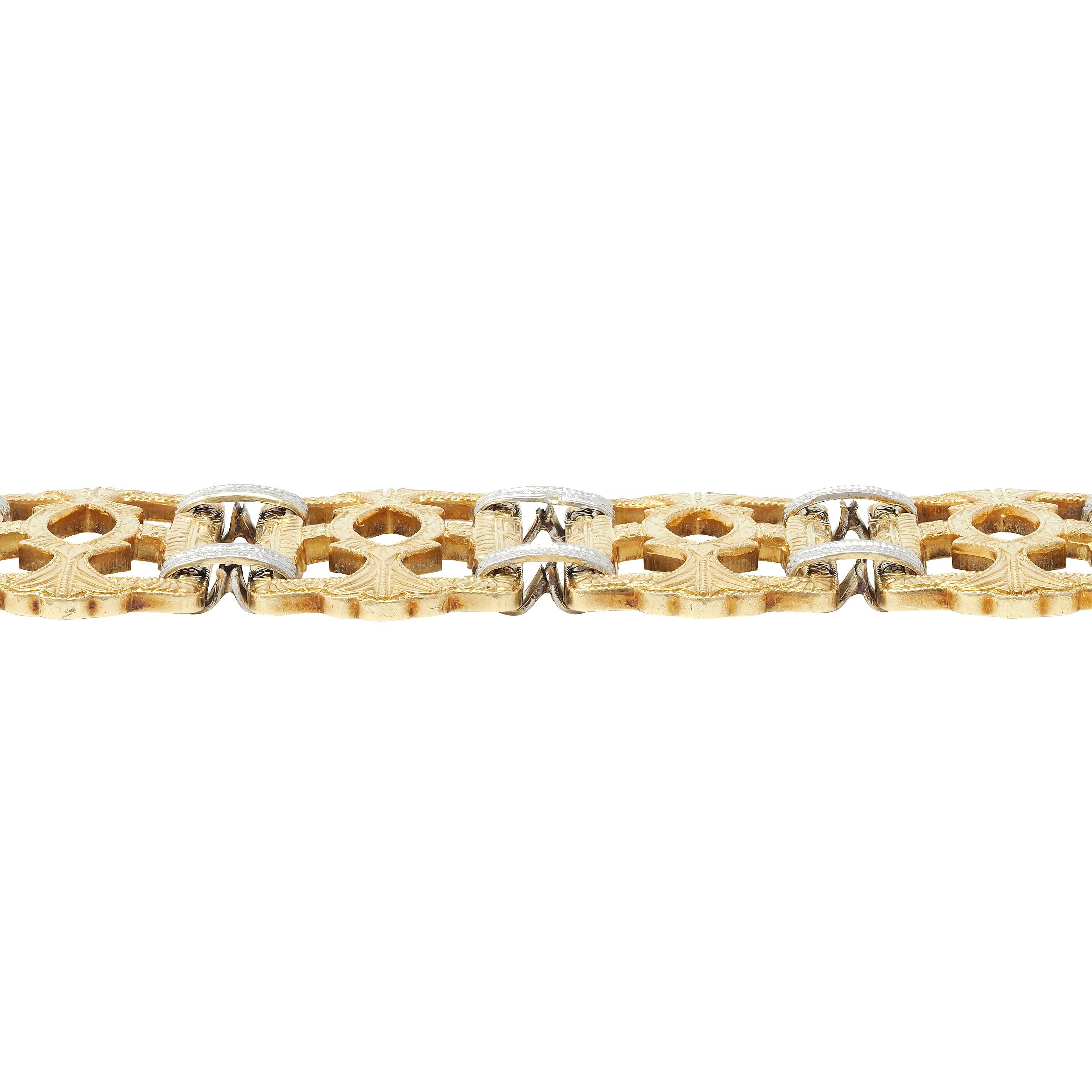 Krementz viktorianisches 14 Karat zweifarbiges Gold-Gliederarmband mit dekorativem Vintage-Paneel, Krementz im Angebot 6