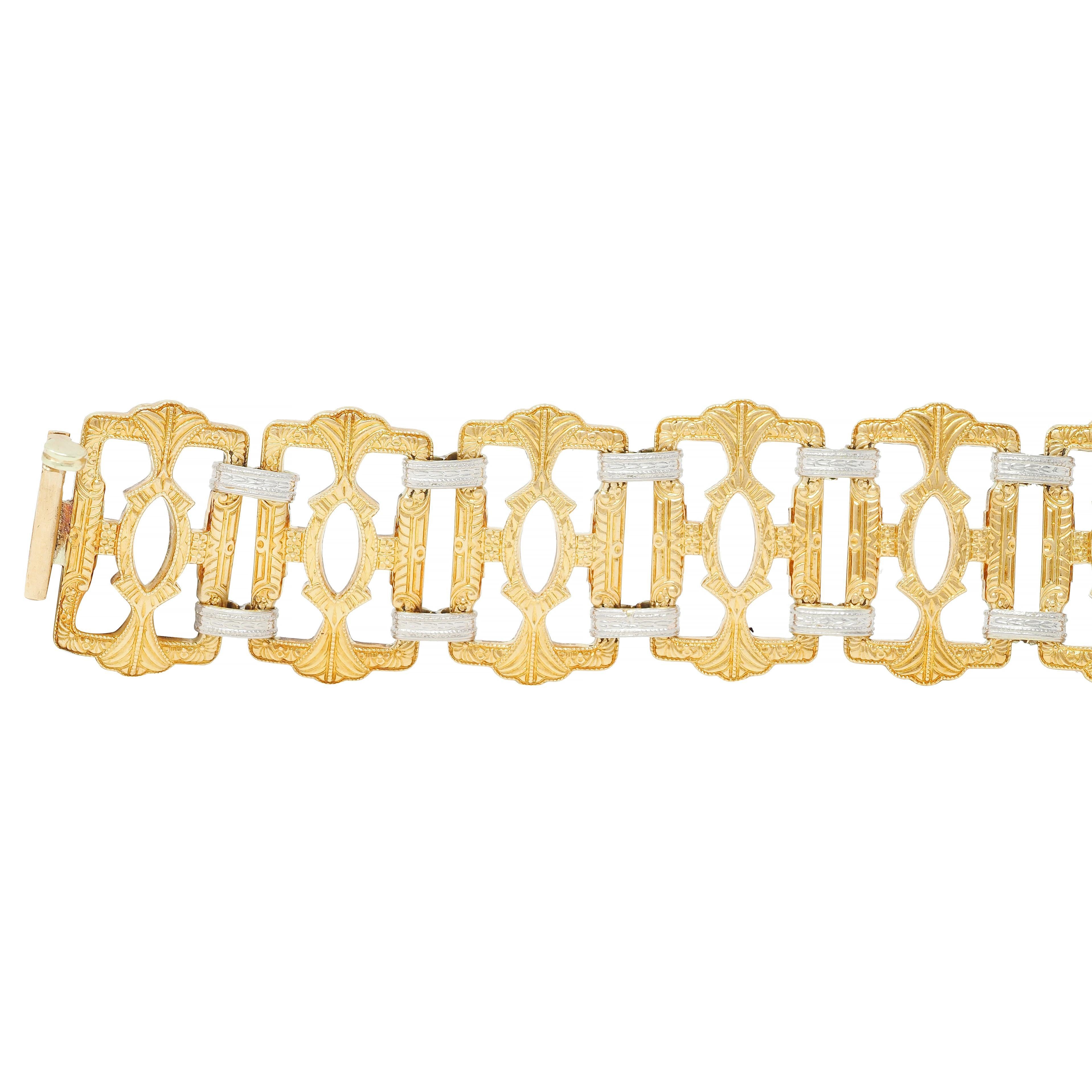 Krementz viktorianisches 14 Karat zweifarbiges Gold-Gliederarmband mit dekorativem Vintage-Paneel, Krementz im Zustand „Hervorragend“ im Angebot in Philadelphia, PA