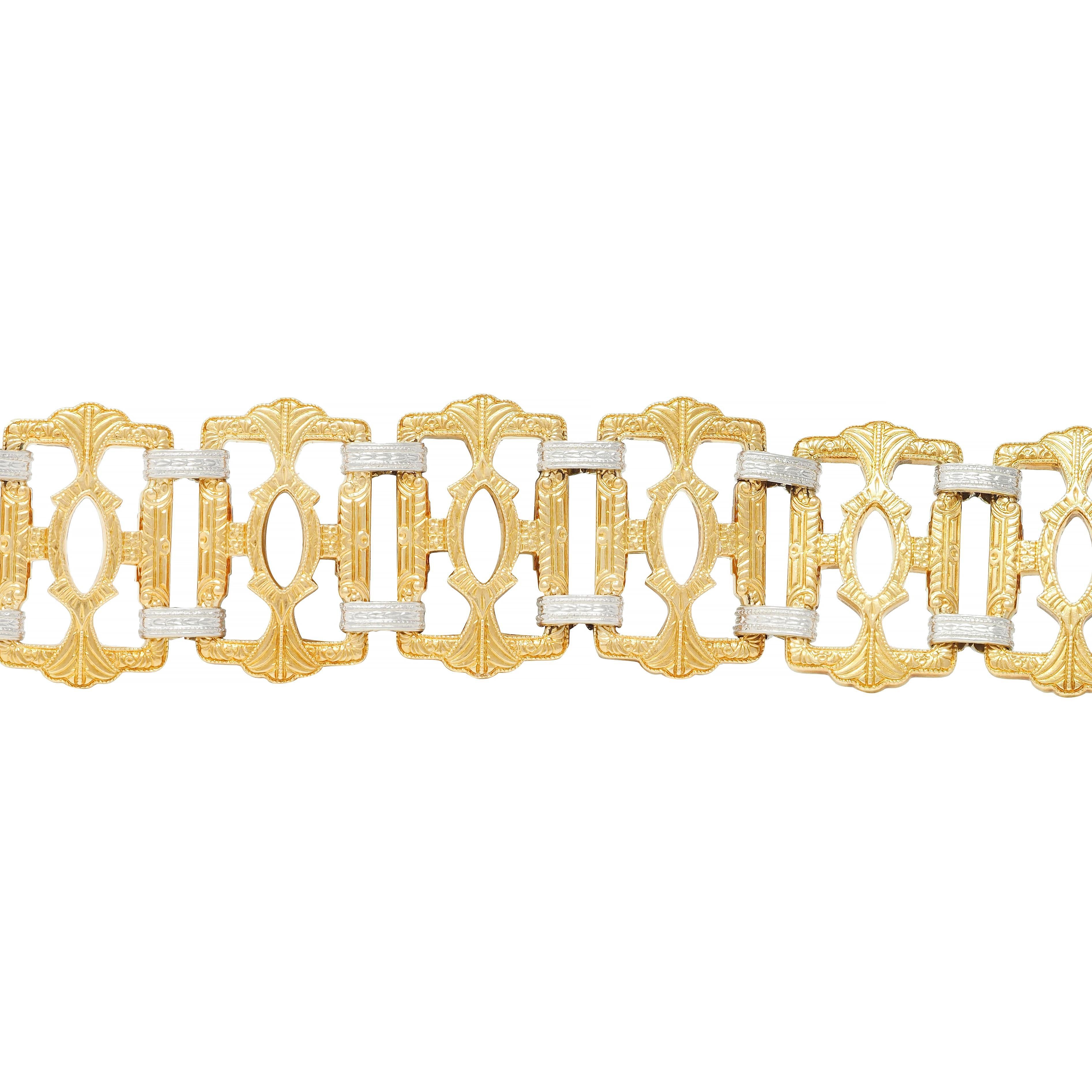 Women's or Men's Krementz Victorian 14 Karat Two-Tone Gold Decorative Vintage Panel Link Bracelet For Sale