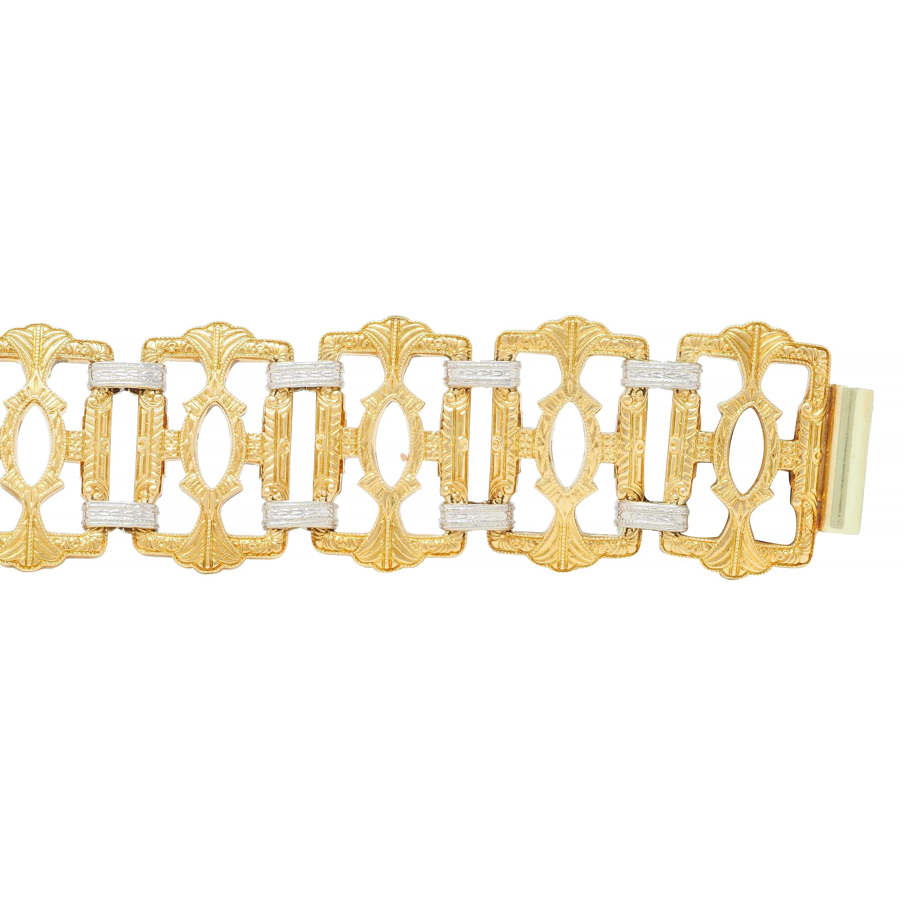 Krementz Victorian 14 Karat Two-Tone Gold Decorative Vintage Panel Link Bracelet For Sale 1