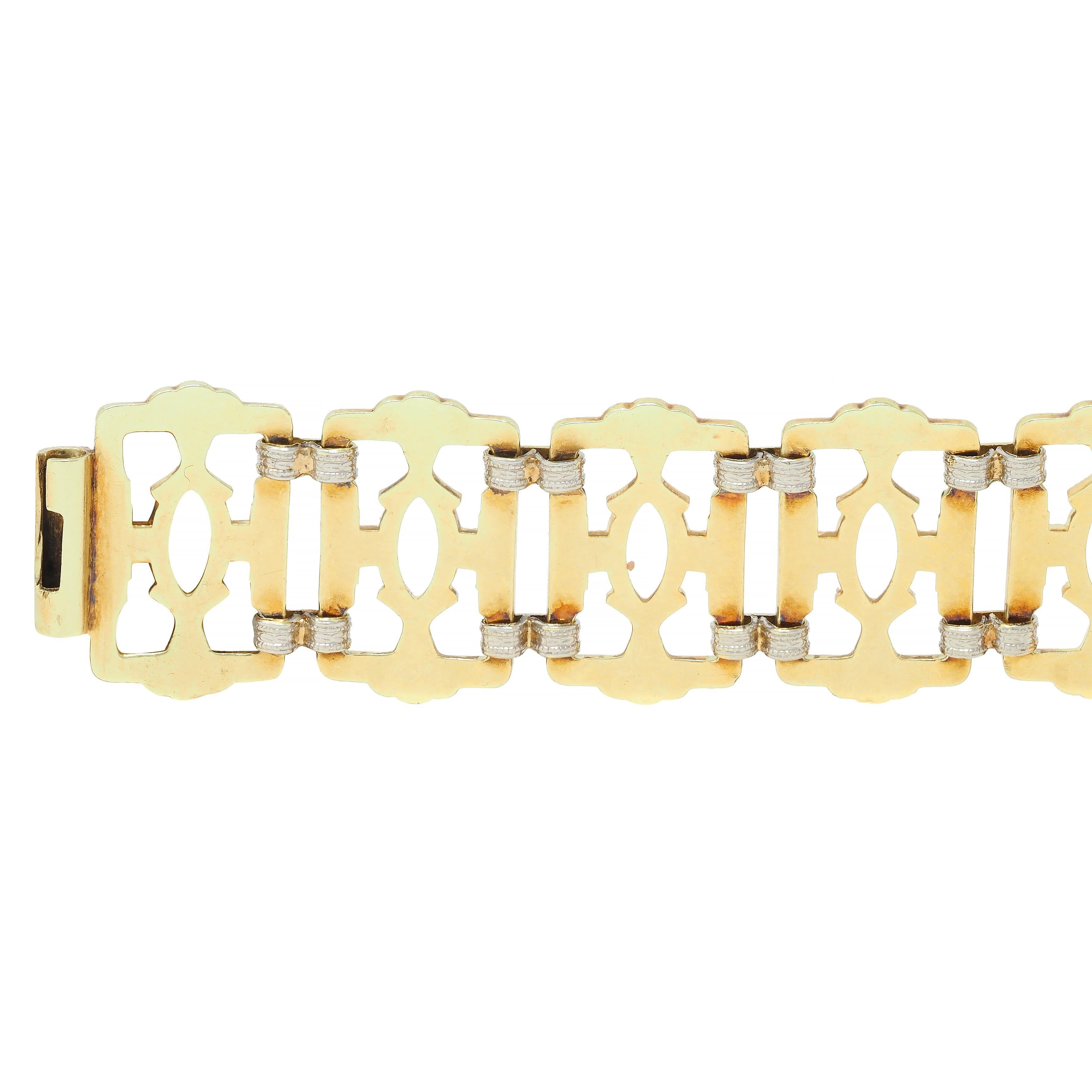 Krementz Victorian 14 Karat Two-Tone Gold Decorative Vintage Panel Link Bracelet For Sale 2