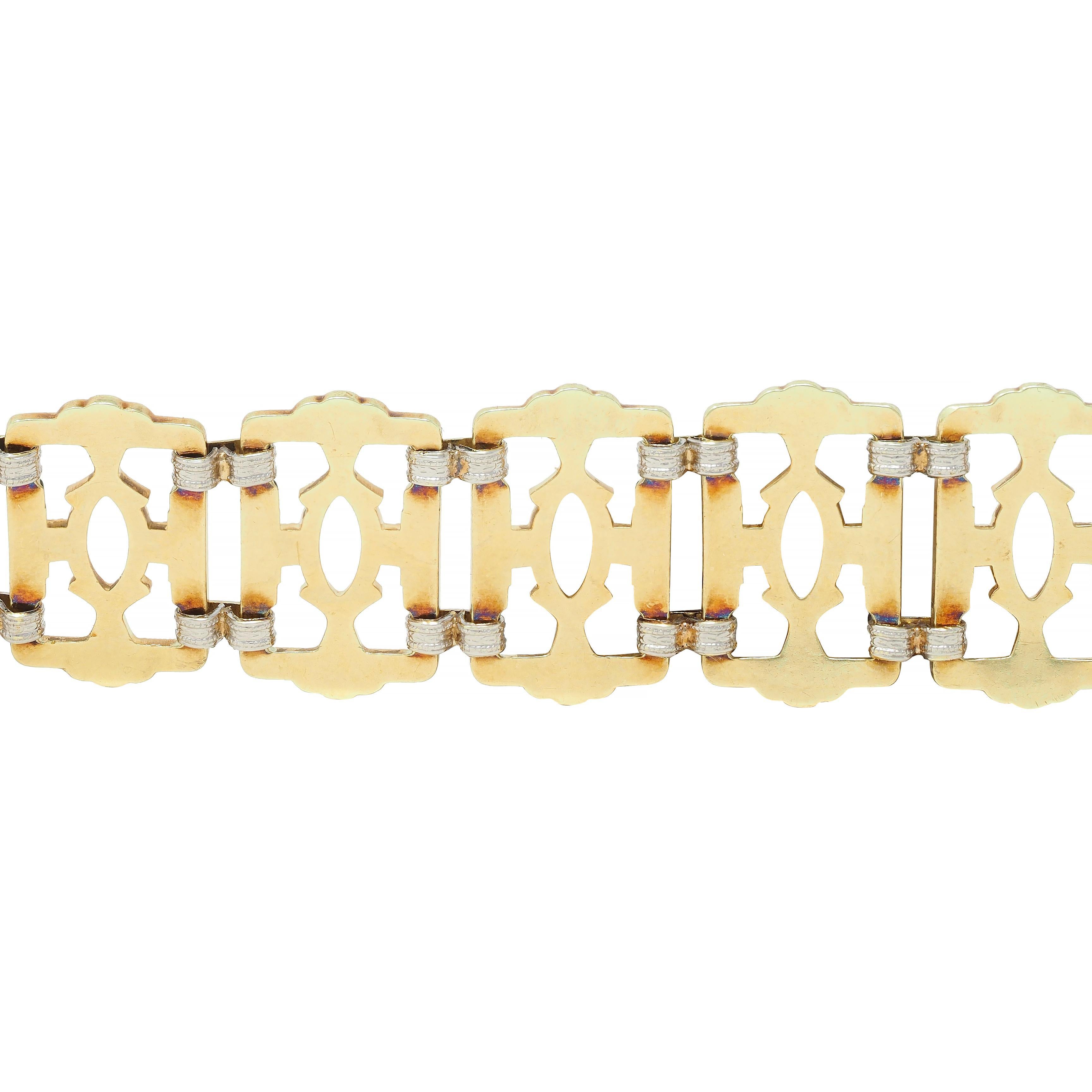 Krementz Victorian 14 Karat Two-Tone Gold Decorative Vintage Panel Link Bracelet For Sale 3