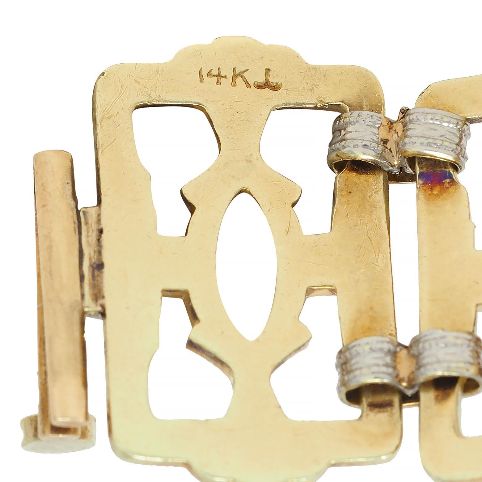 Krementz Victorian 14 Karat Two-Tone Gold Decorative Vintage Panel Link Bracelet For Sale 5