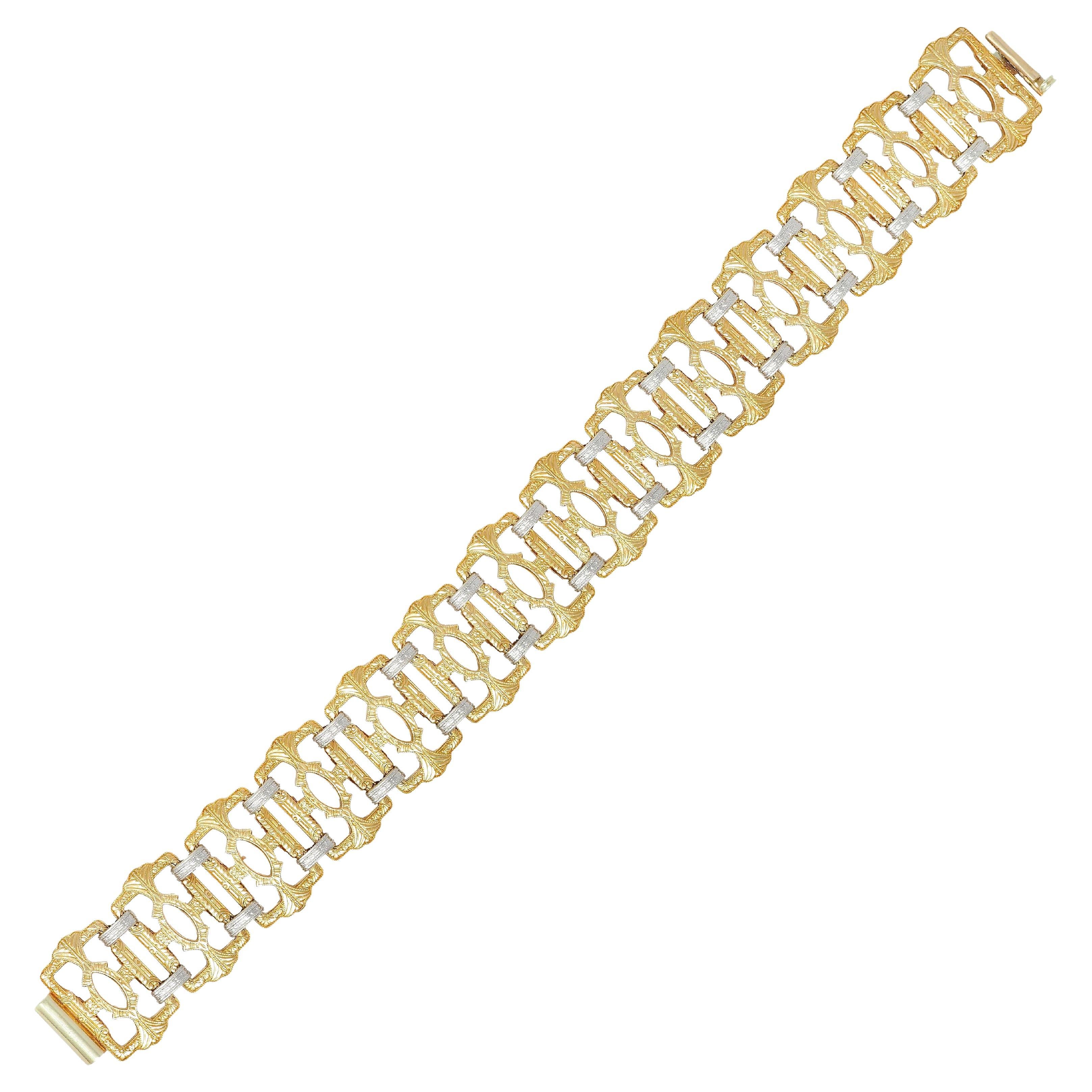 Krementz Victorian 14 Karat Two-Tone Gold Decorative Vintage Panel Link Bracelet For Sale