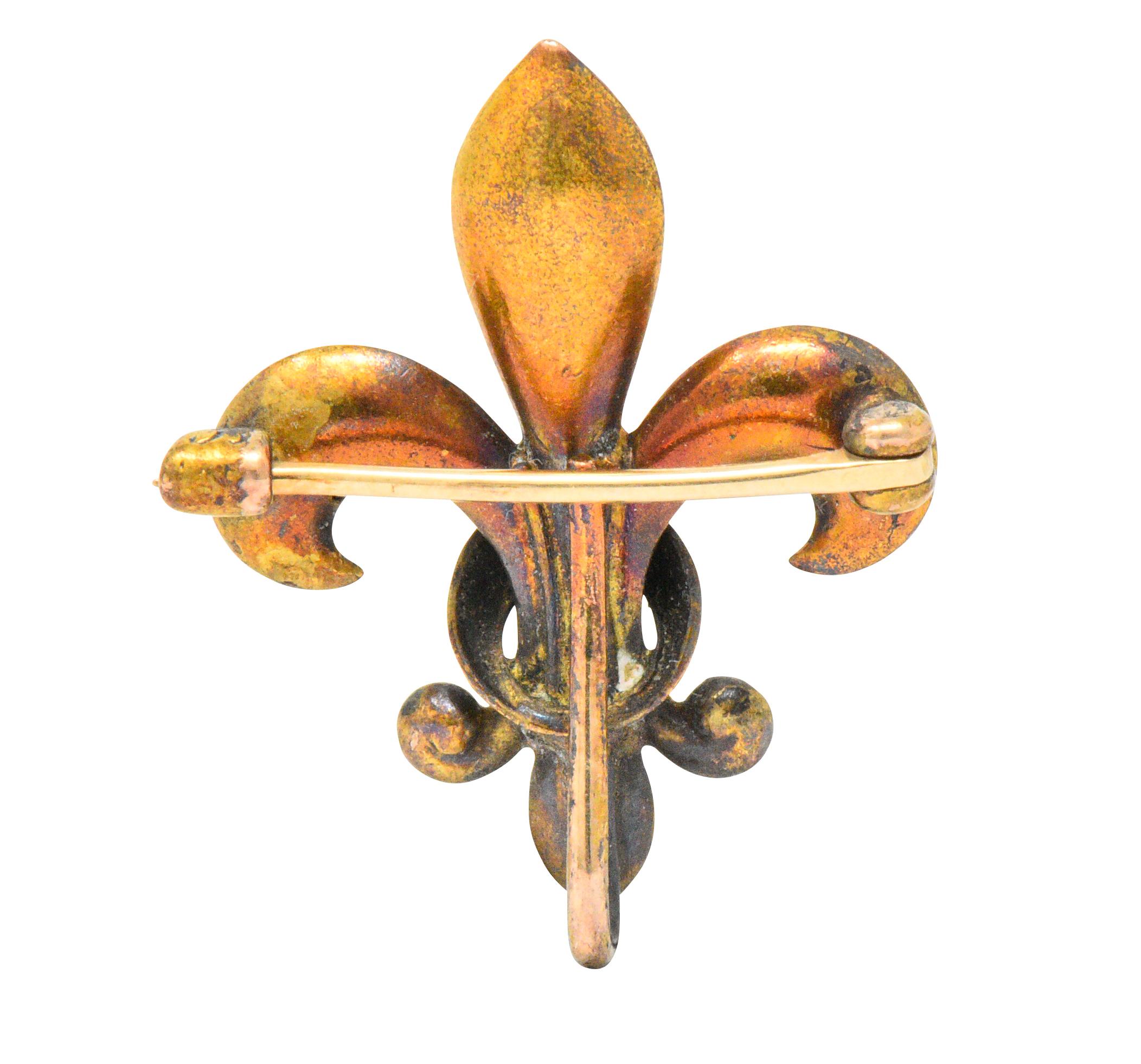 Women's or Men's Krementz Victorian Diamond 14 Karat Gold Fleur-de-Lis Pin Brooch