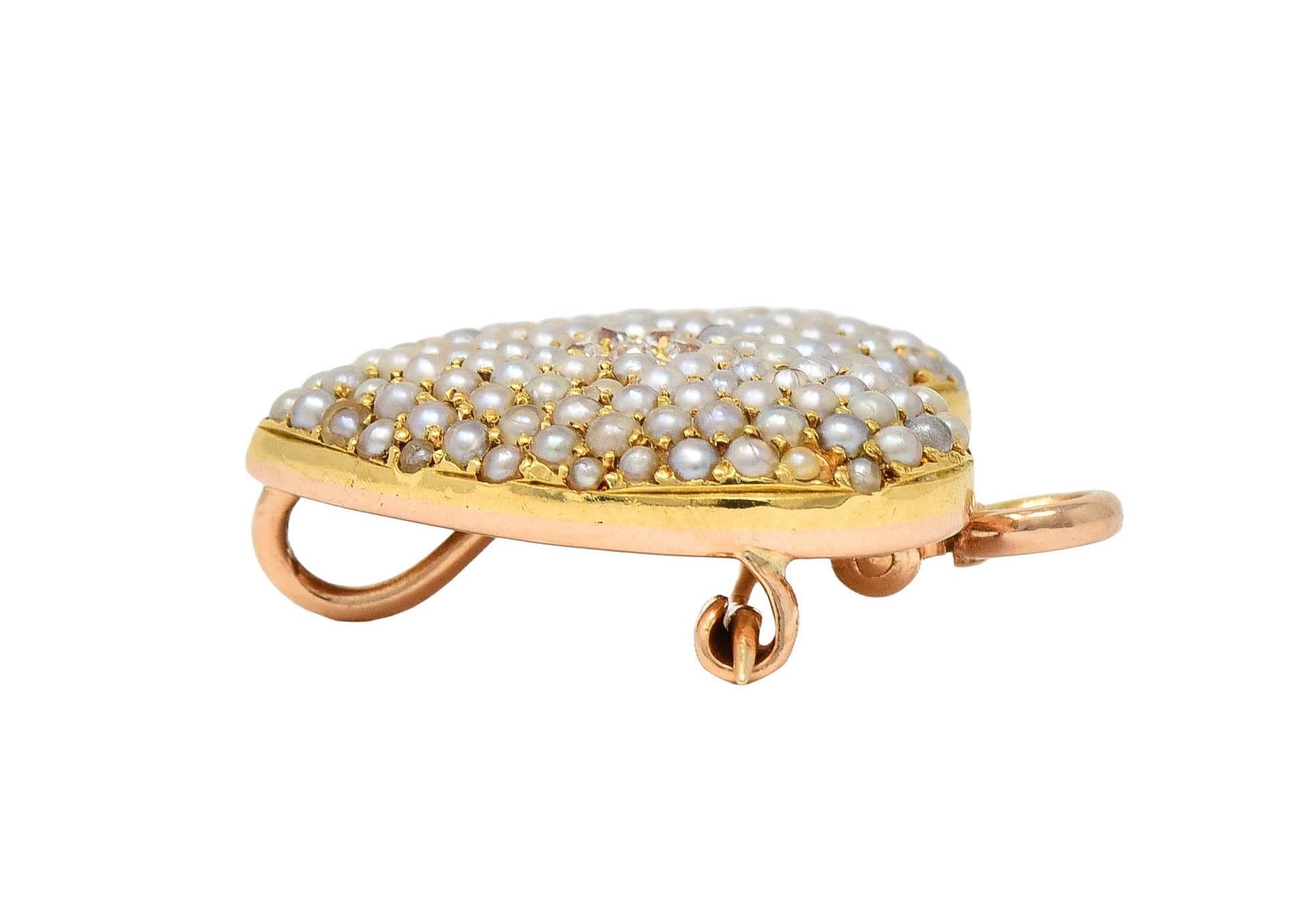 Krementz Victorian Diamond Pearl 14K Gold Antique Puffy Heart Pendant Brooch For Sale 5