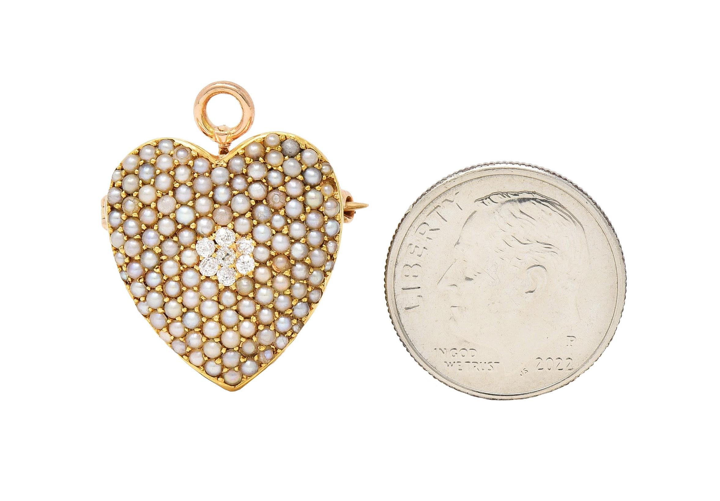 Krementz Victorian Diamond Pearl 14K Gold Antique Puffy Heart Pendant Brooch For Sale 6