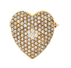Krementz Victorian Diamond Pearl 14K Gold Antique Puffy Heart Pendant Brooch