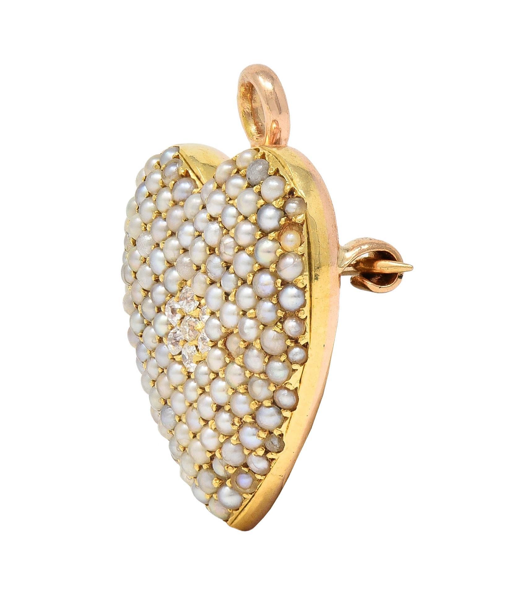 Round Cut Krementz Victorian Diamond Pearl 14K Gold Antique Puffy Heart Pendant Brooch For Sale