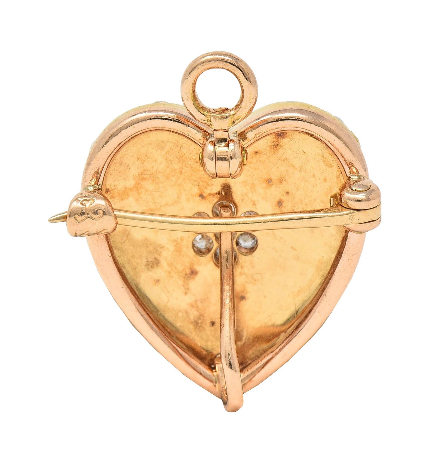 Krementz Victorian Diamond Pearl 14K Gold Antique Puffy Heart Pendant Brooch In Excellent Condition For Sale In Philadelphia, PA