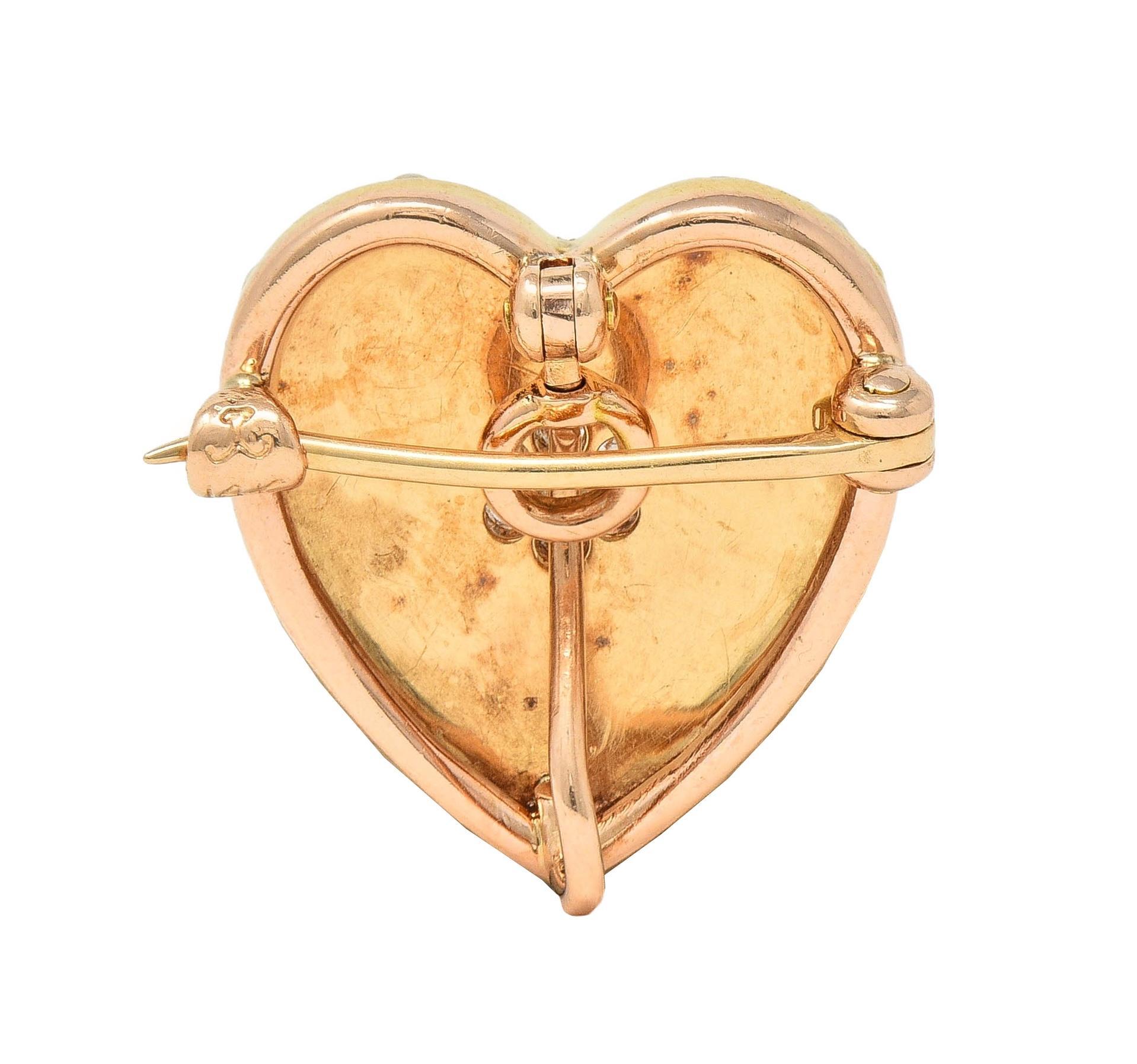 Women's Krementz Victorian Diamond Pearl 14K Gold Antique Puffy Heart Pendant Brooch For Sale