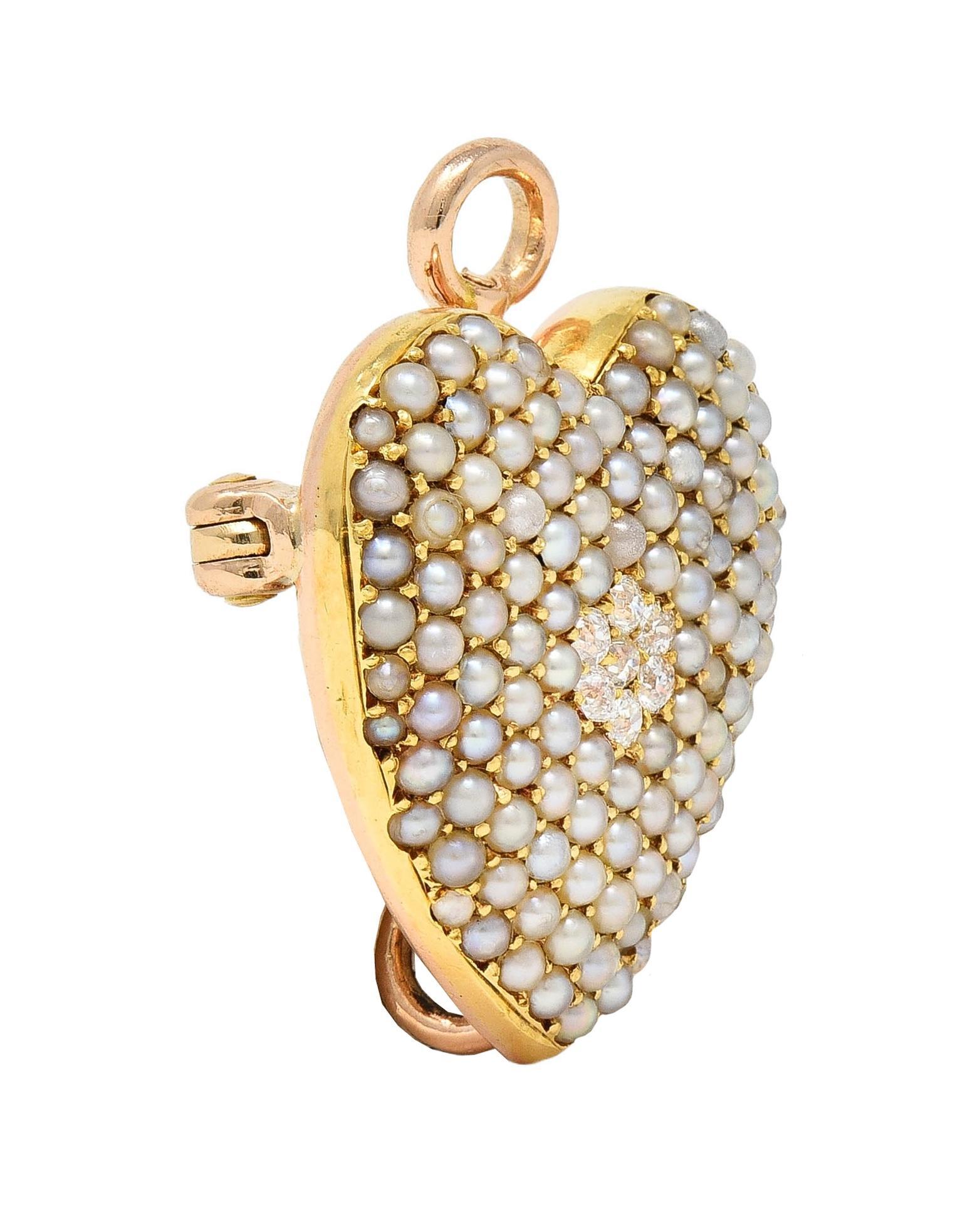 Krementz Victorian Diamond Pearl 14K Gold Antique Puffy Heart Pendant Brooch For Sale 1
