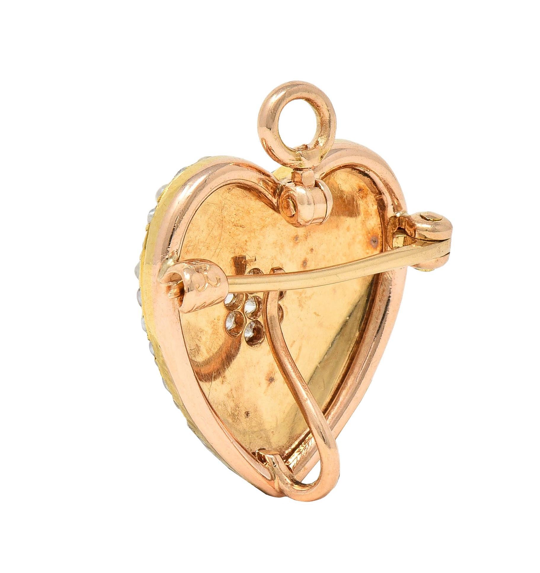 Krementz Victorian Diamond Pearl 14K Gold Antique Puffy Heart Pendant Brooch For Sale 4