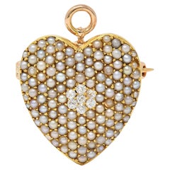 Broche Colgante Corazón Abombado Victoriano Krementz Diamante Perla Oro 14K Antiguo