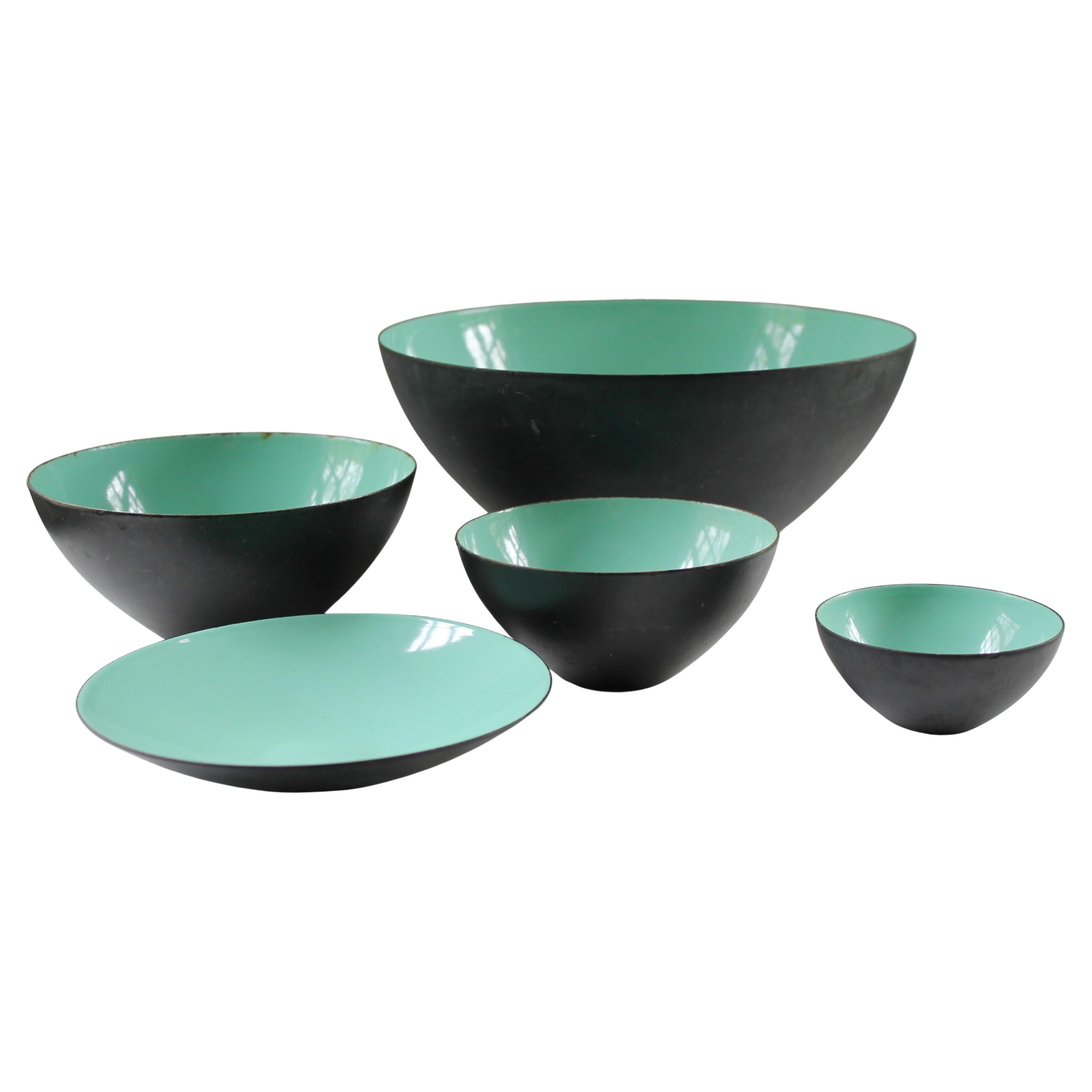 Krenit Bowls, 5 Original Turquoise Enamel, Herbert Krenchel Designed