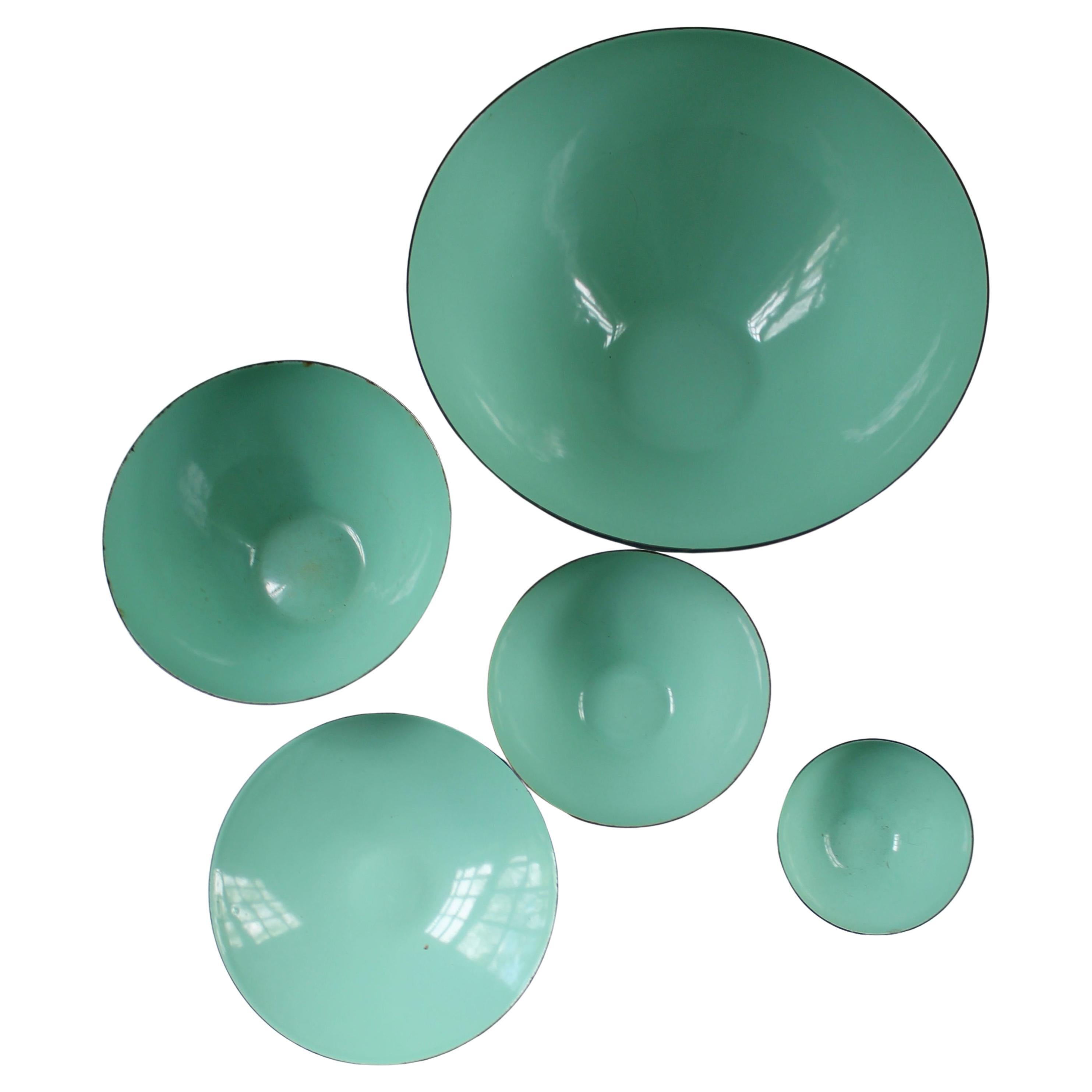 Krenit-Schalen, 5 Original-Schalen aus türkisfarbener Emaille, Herbert Krenchel entworfen