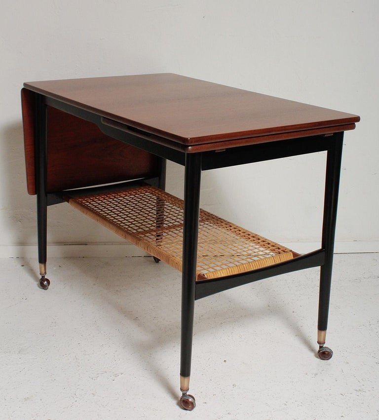 Kresten Buch Walnut and Rattan DropLeaf Hostess Table, 1960s Denmark