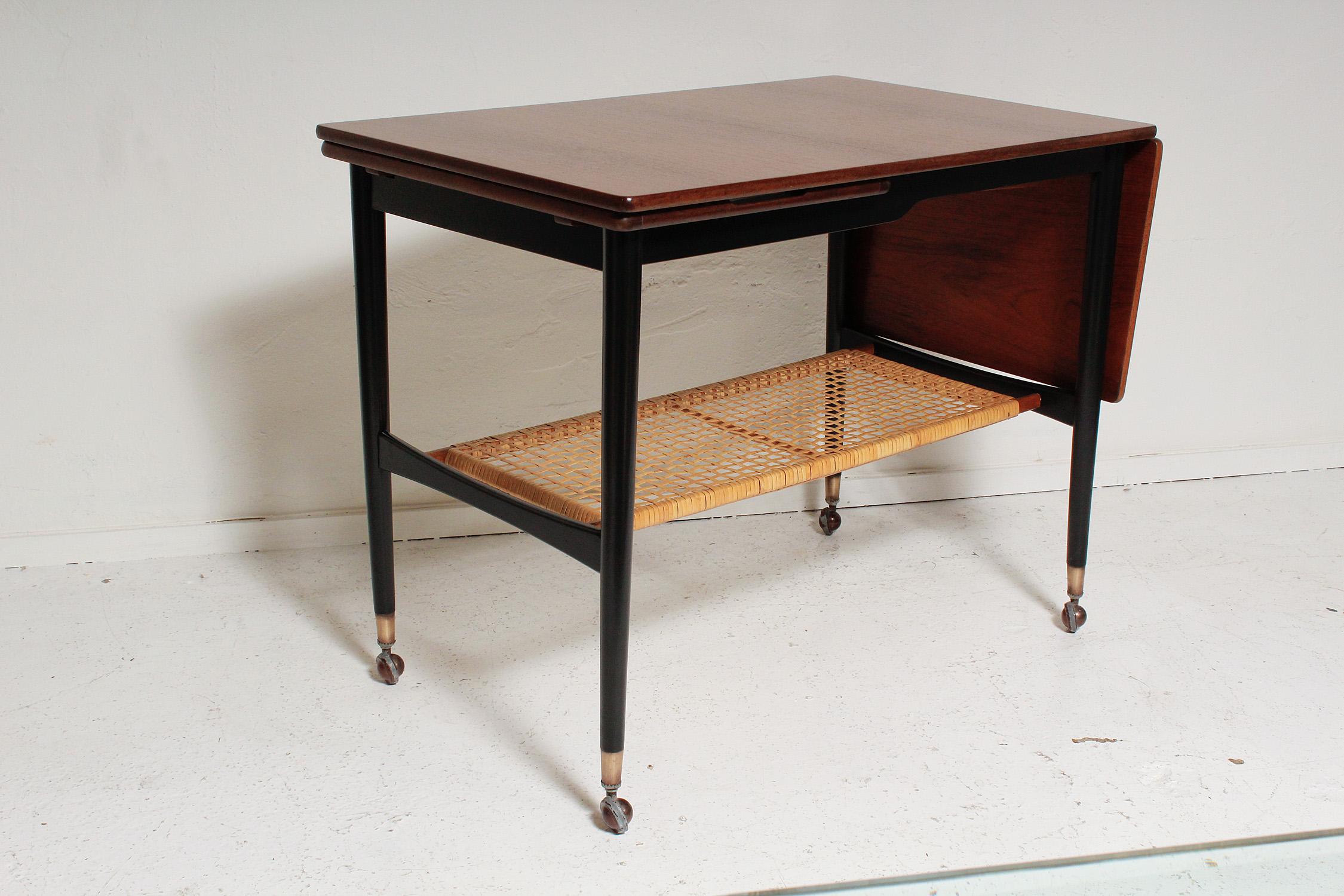 Kresten Buch Walnut and Rattan Drop-Leaf Hostess Table, 1960s Denmark In Good Condition In North Miami, FL