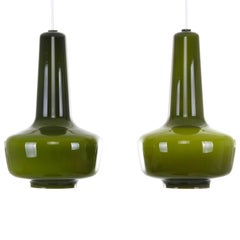 Vintage Kreta Pair of Green Blown Glass Pendant Lights by Jacob E. Bang in 1964