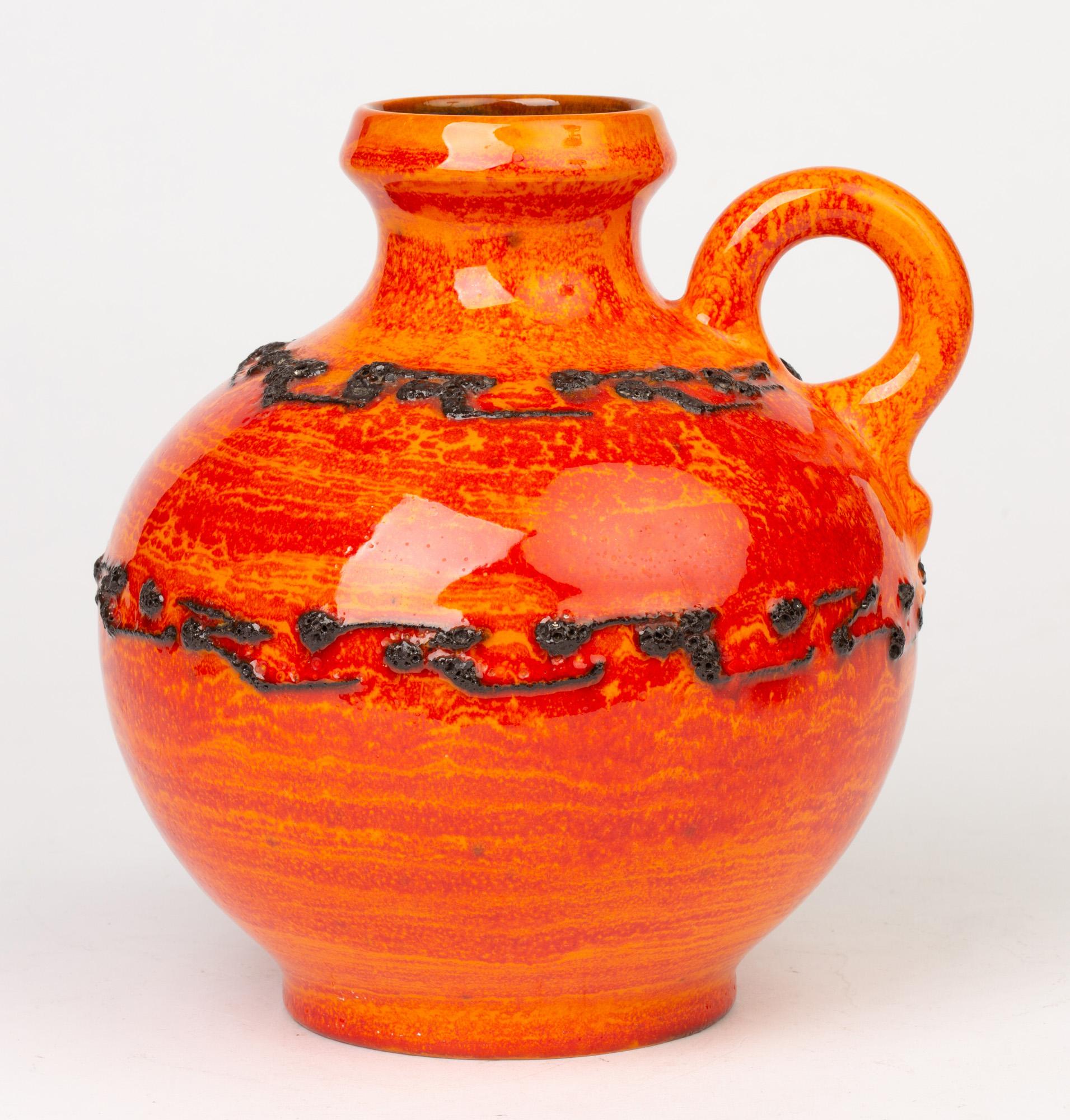 Kreutz Keramik German Midcentury Orange and Red Fat Lava Handled Vase For Sale 3