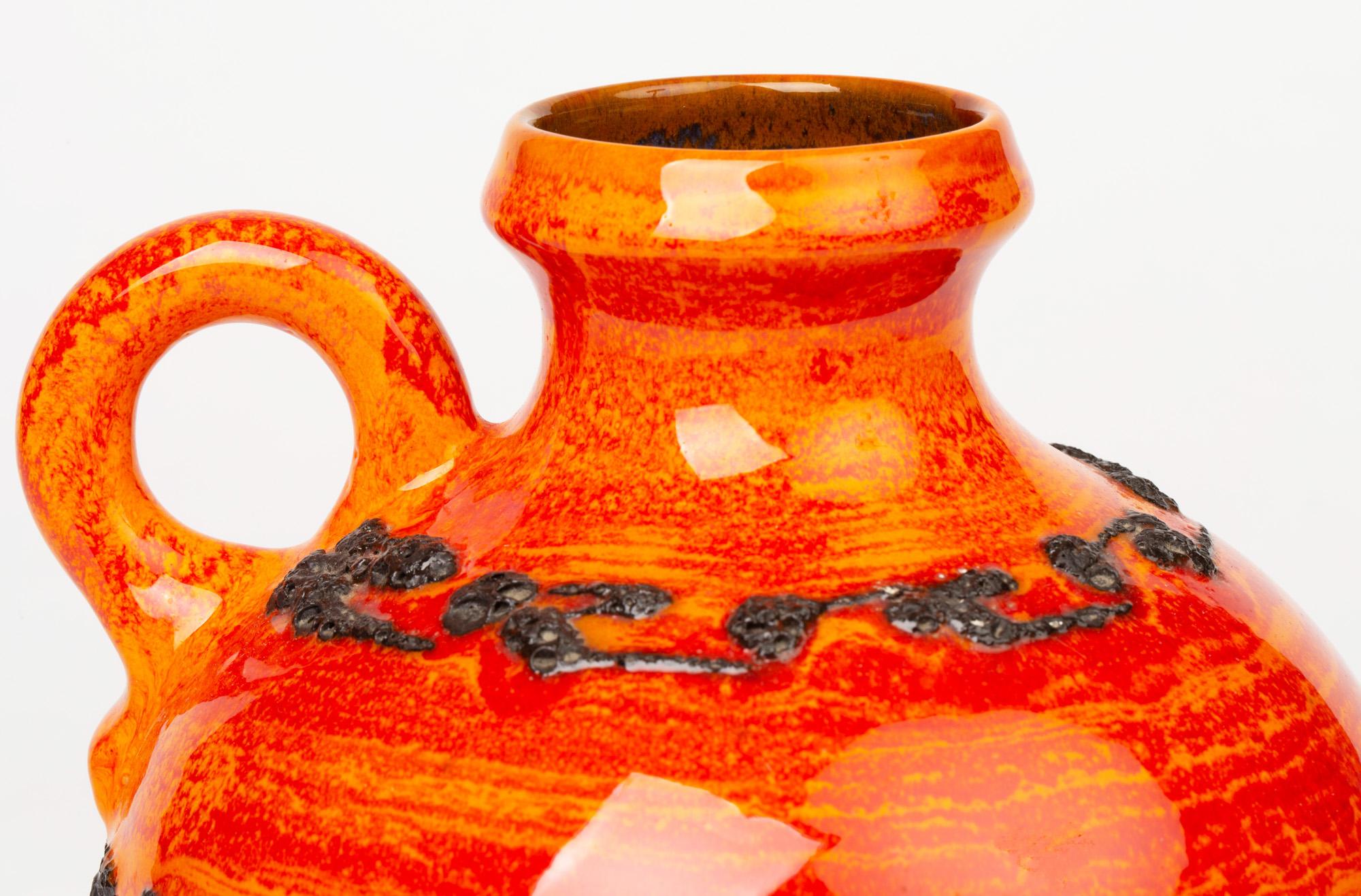 Kreutz Keramik German Midcentury Orange and Red Fat Lava Handled Vase For Sale 4