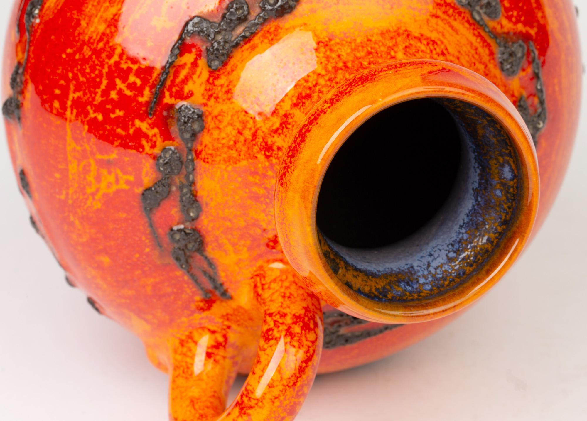 Glazed Kreutz Keramik German Midcentury Orange and Red Fat Lava Handled Vase For Sale