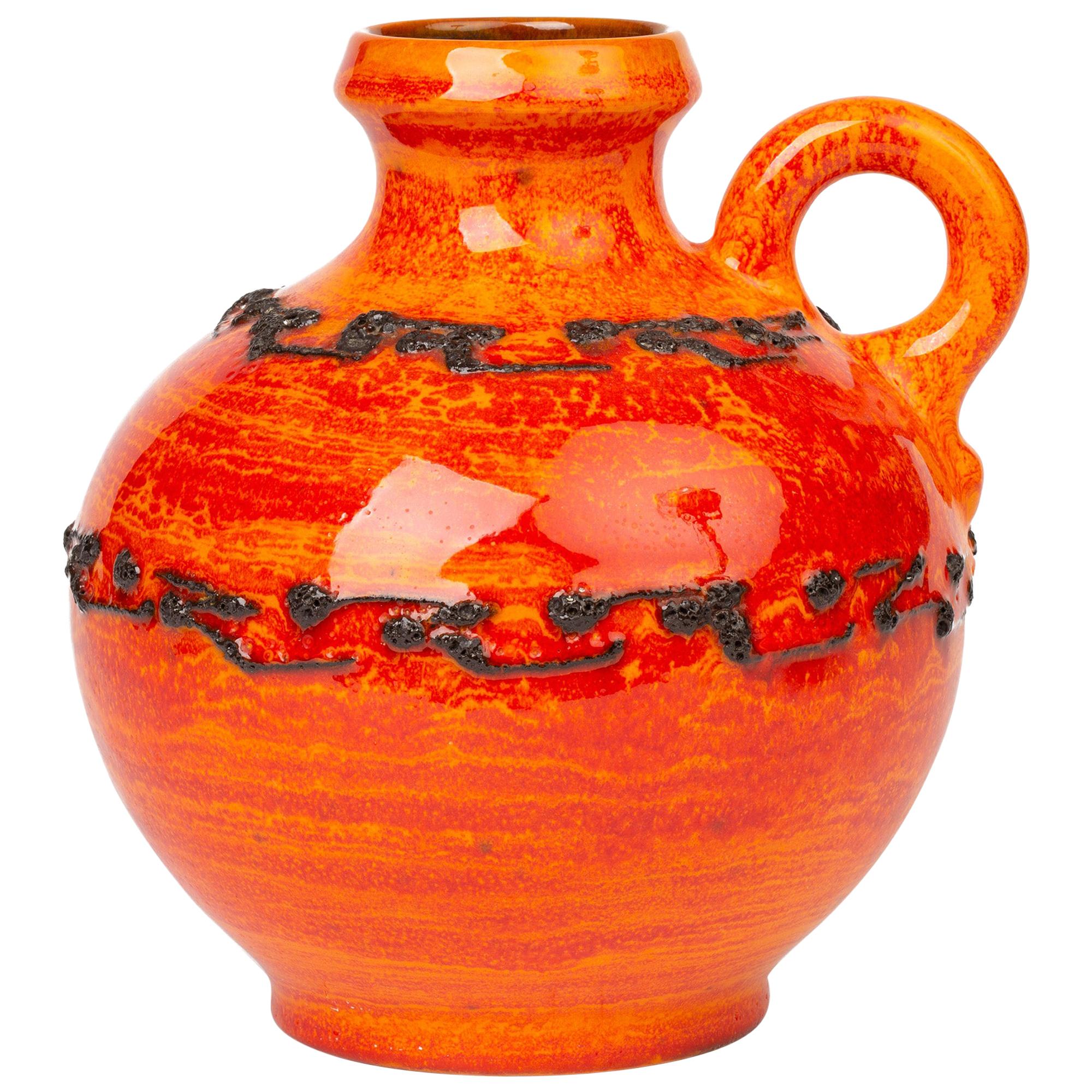 Kreutz Keramik German Midcentury Orange and Red Fat Lava Handled Vase