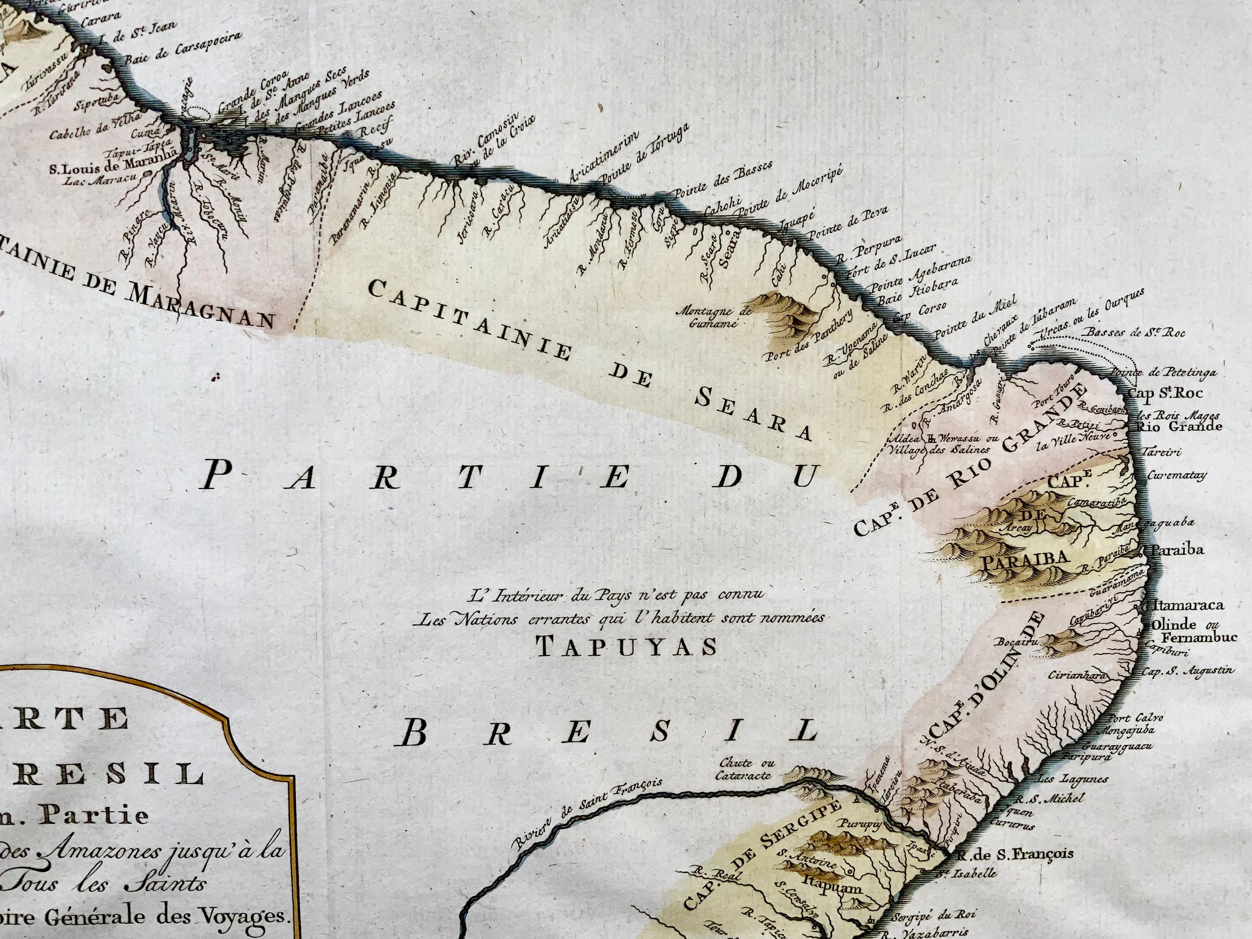 Buriné Krevelt, carte, côte du Brésil, Amérique du Sud, Amazone, colorée à la main en vente