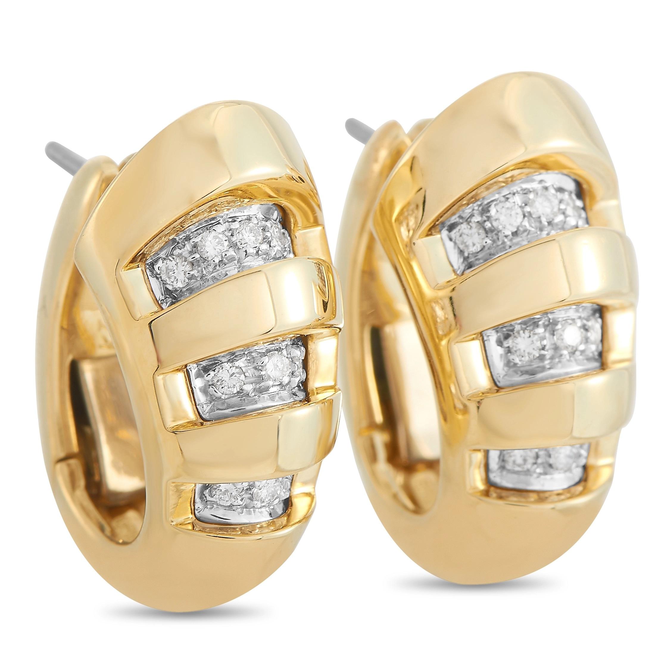 Give your modern wardrobe a historic character twist with these Kria 18K Yellow Gold 0.24 ct Diamond Earrings. Featuring thick hoops in yellow gold with glittering diamonds set in a pattern, these earrings will give whatever you wear a layer of