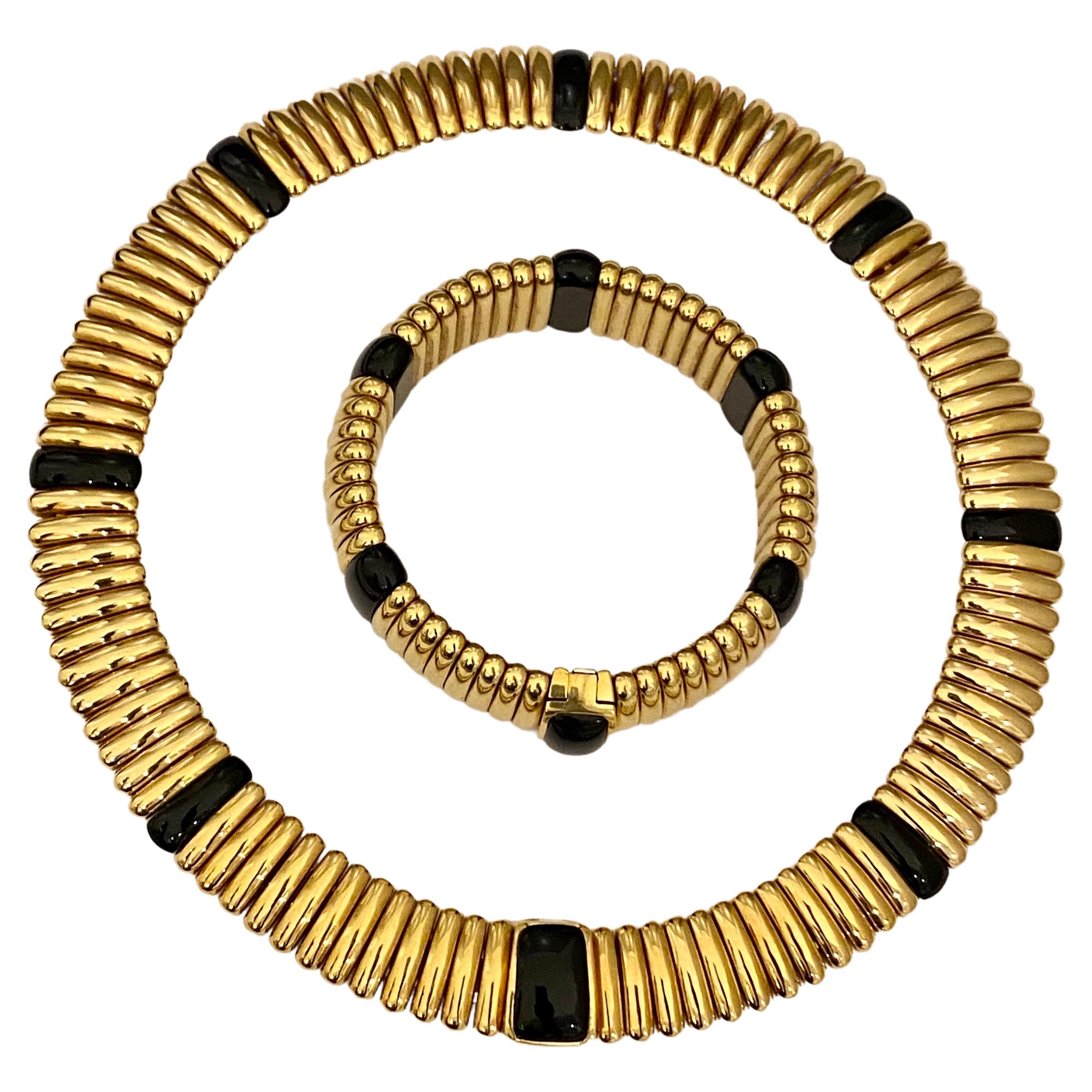 Kria Gioielli Italian 18K Yellow Gold and Onyx Necklace and Bracelet Set  For Sale at 1stDibs