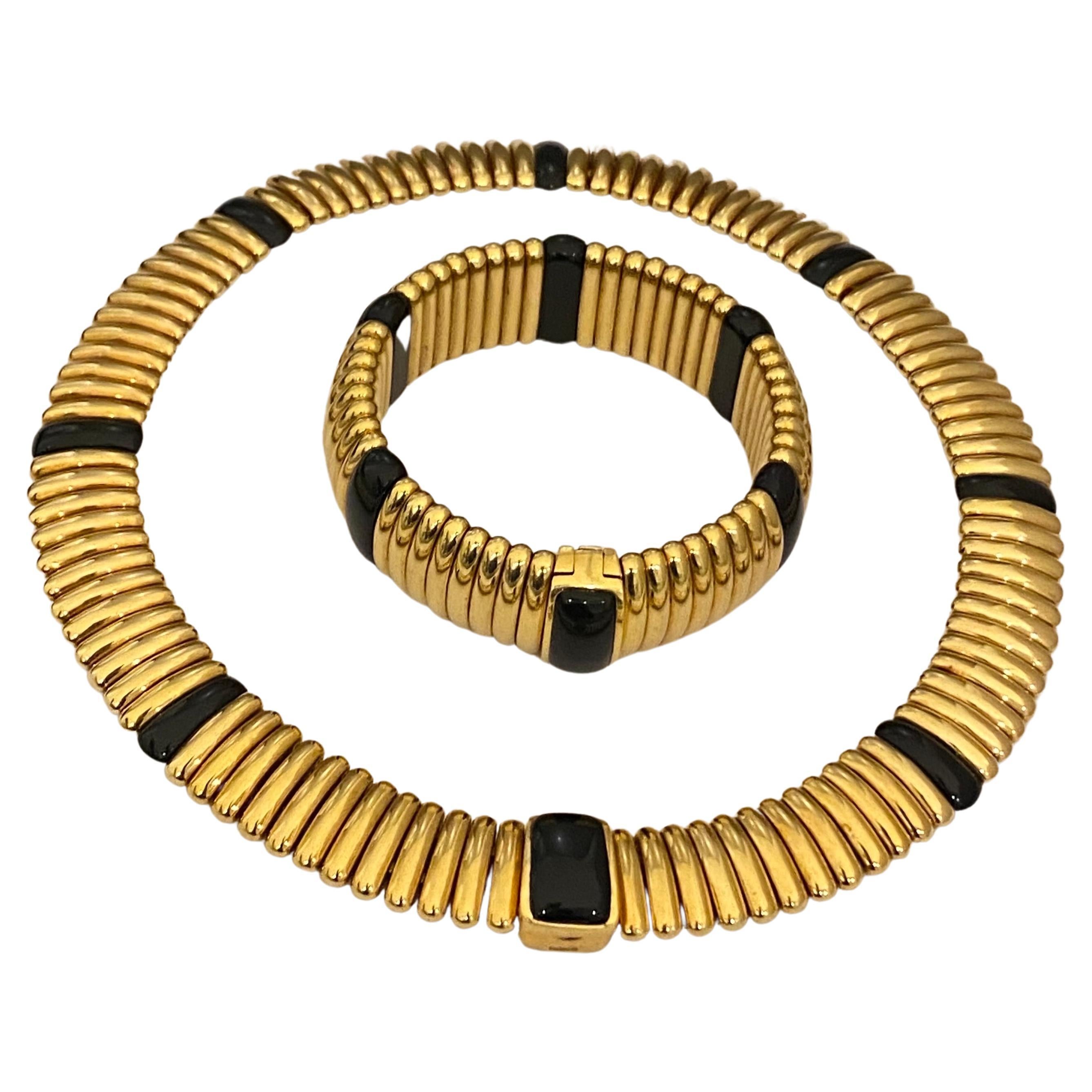 Kria Gioielli Italian 18K Yellow Gold & Onyx Necklace & Bracelet Set For Sale