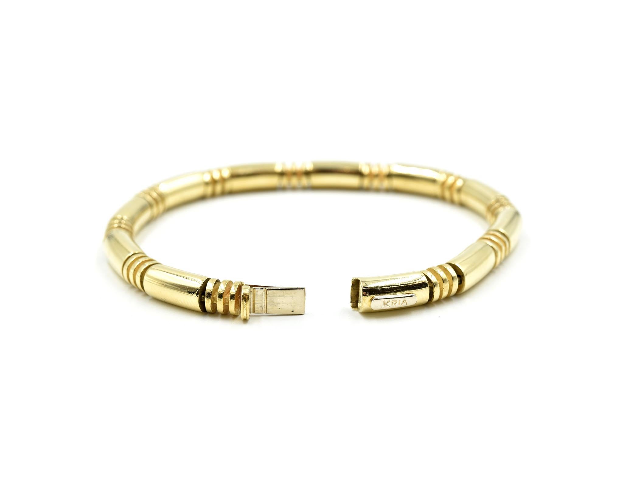 Designer: Kria
Material: 18k yellow gold
Dimensions: bracelet will fit 7 1/2-inch wrist
Weight: 35.60 grams
