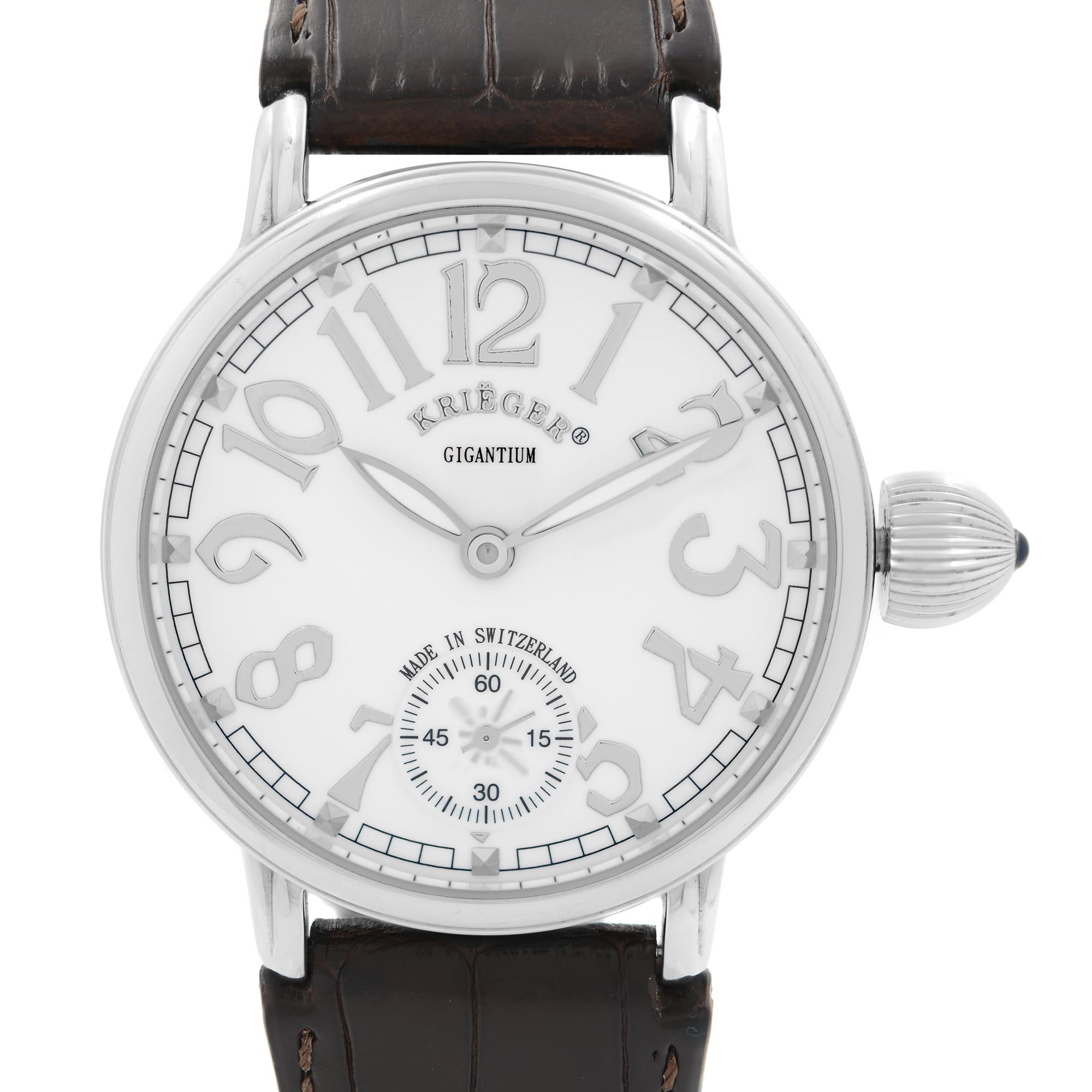 Pre Owned Krieger Gigantium Limited Edition Steel White Dial Hand-Wind Mens Watch K7007. Limited Edition Number 563/1000. This Beautiful Timepiece Features: Stainless Steel Case with a Brown Leather Strap, Fixed Stainless Steel Bezel, White Dial