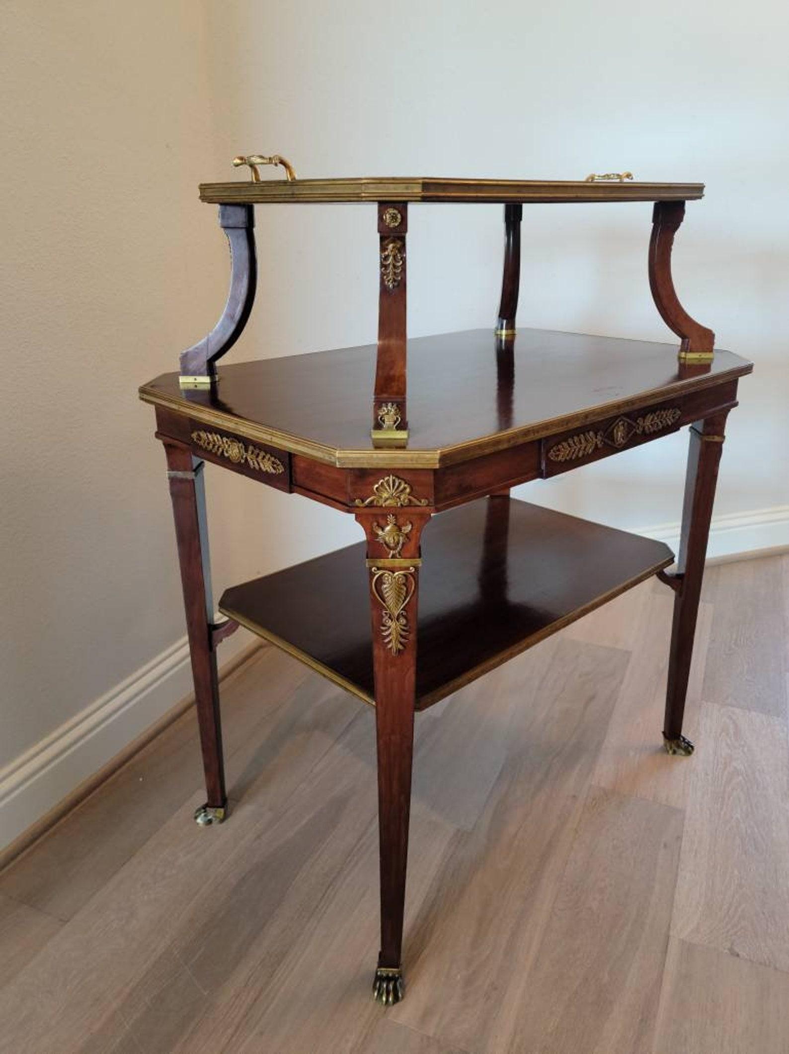 A rare and most attractive French gilt bronze ormolu mounted mahogany tiered tea table with removable tray top by important Parisian furniture maker Maison Krieger. circa 1900

A superb example of the elegant, sophisticated and refined French