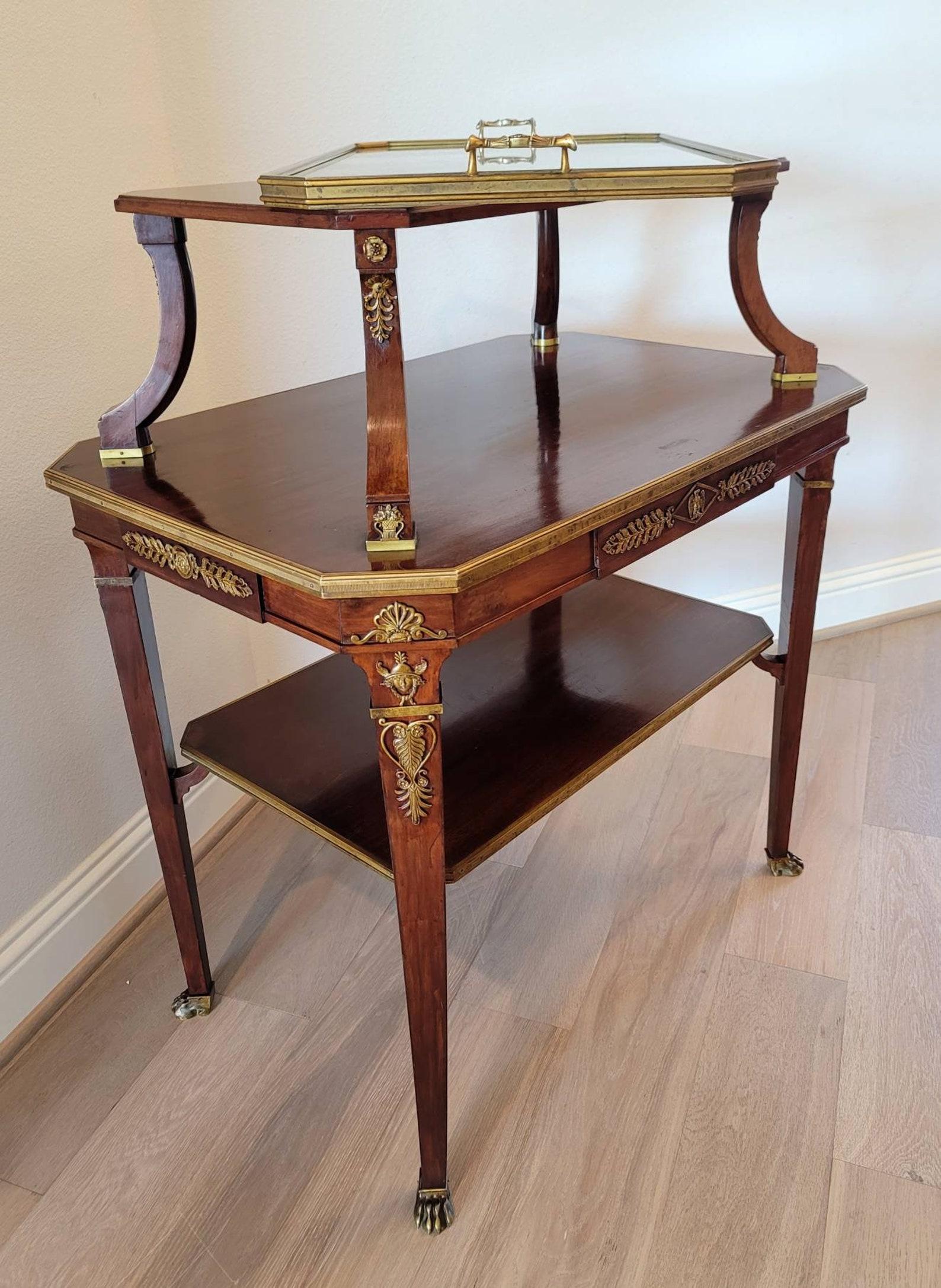 Louis XVI Krieger Signed Antique French Empire Tiered Tea Tray Table For Sale