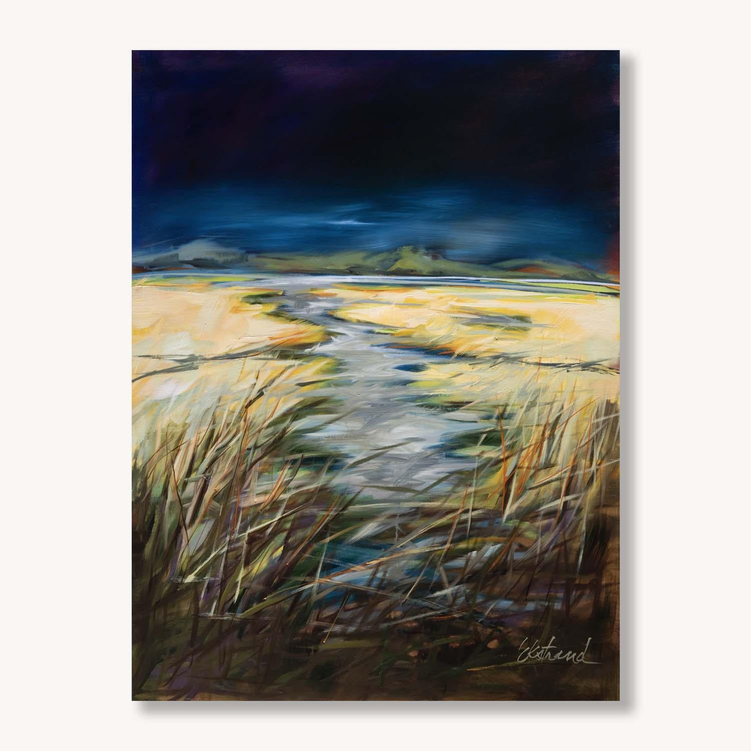 Bord de l'estuaire, paysage de zones humides, peinture à l'huile, 2025