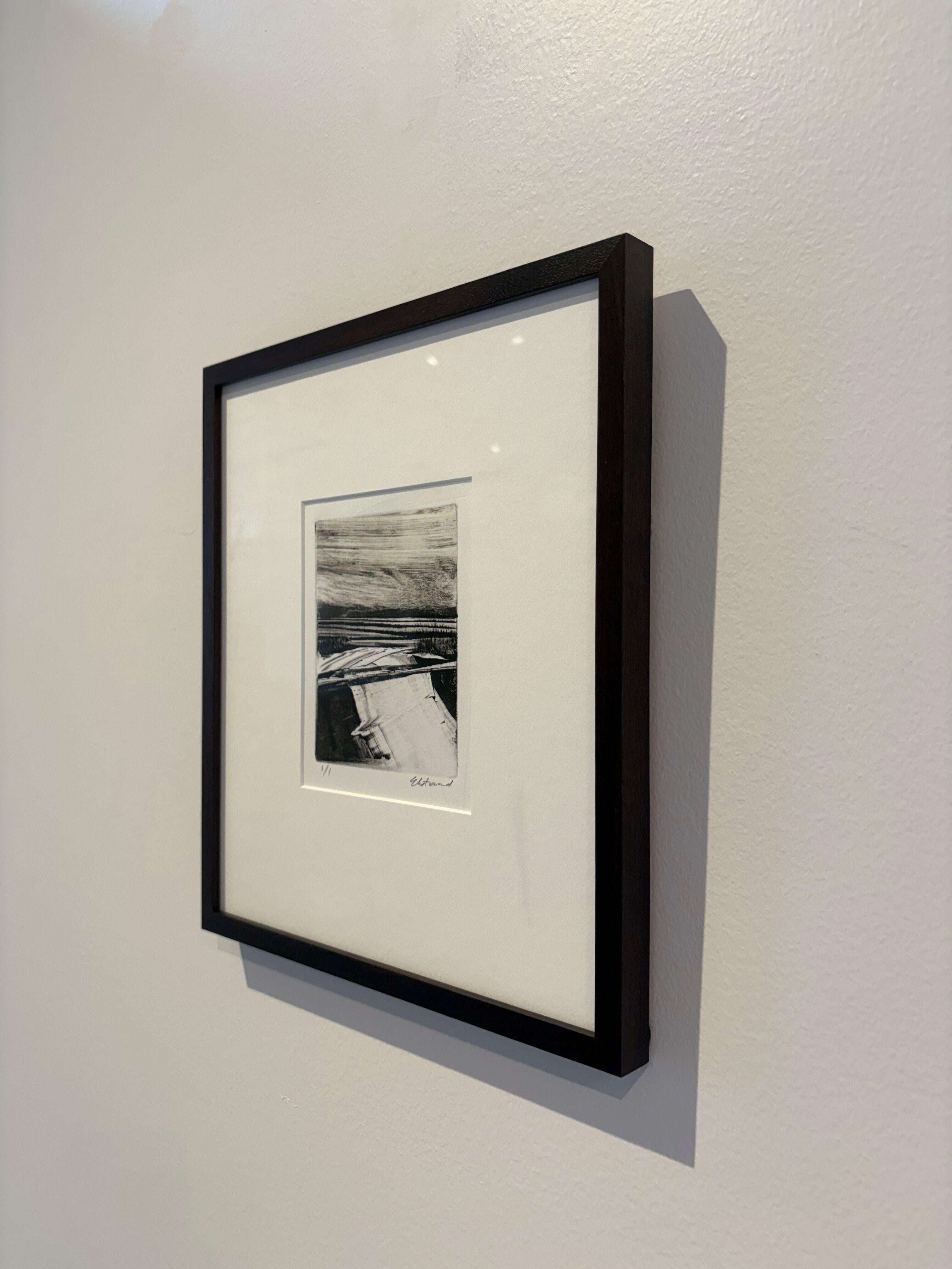 This atmospheric landscape framed monotype print by Kris Ekstrand, depicts marshland, mountains and sky in the Pacific Northwest. Preserved in a custom frame with archival matte, signed by the artist, 1/1 original.

Kris' perspective on the natural