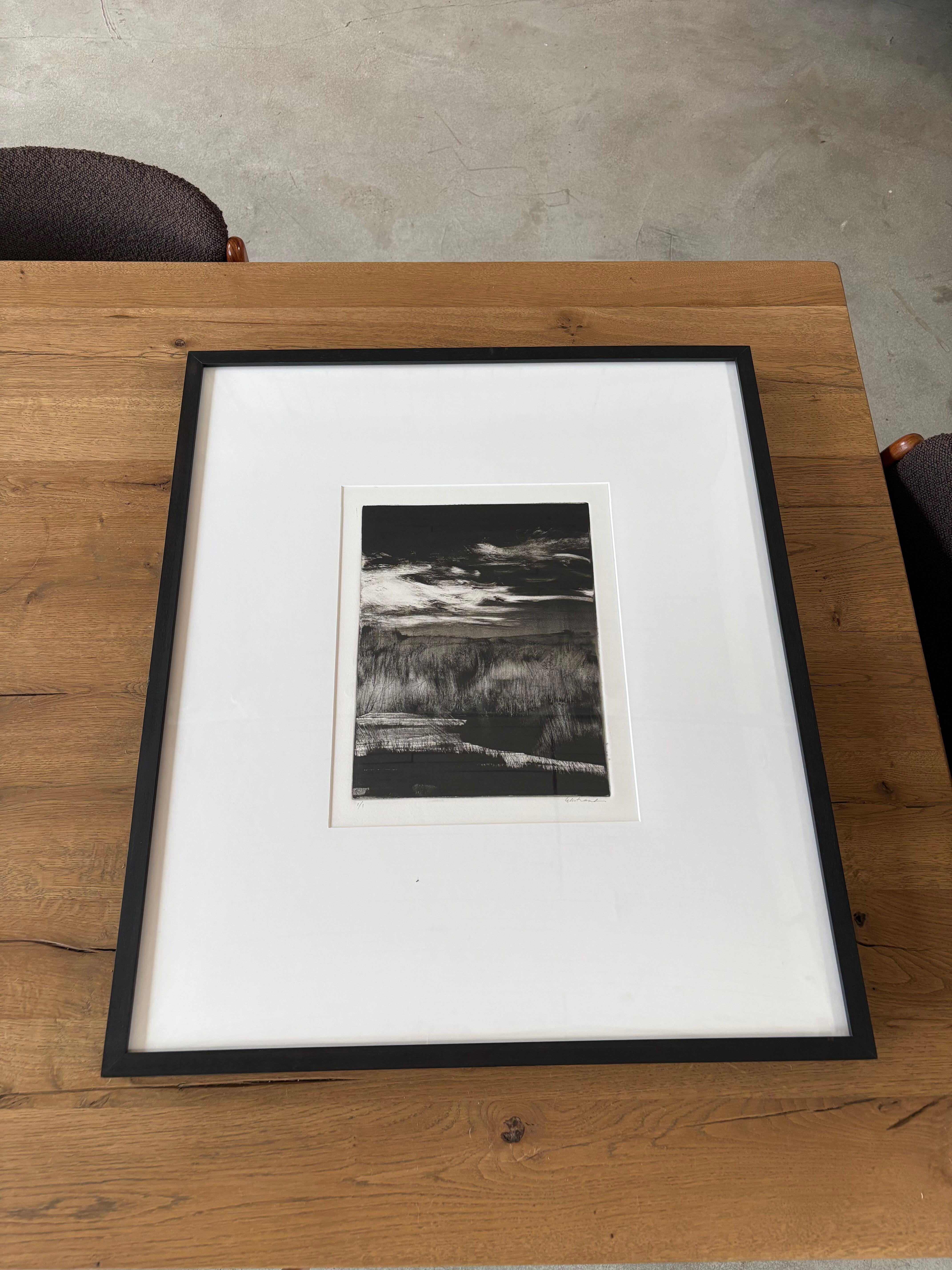 Tipping Point II, Feuchtgebiete Schwarz-Weiß-Monotypie Gerahmter Druck, 2024 – Print von Kris Ekstrand